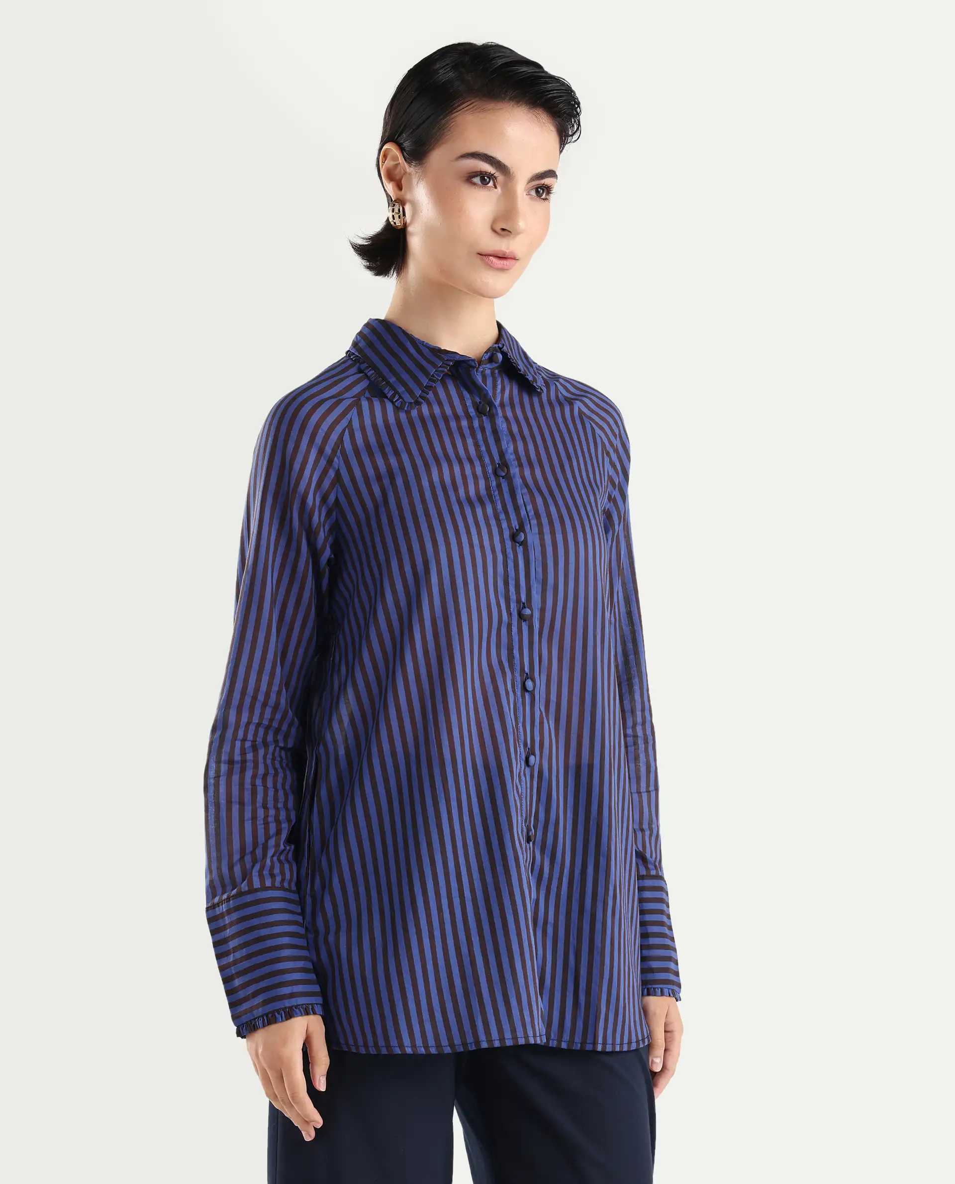 Rareism Women's Treasure Blue Cotton Spread Collar Striped Relaxed Fit Shirt - Image 7