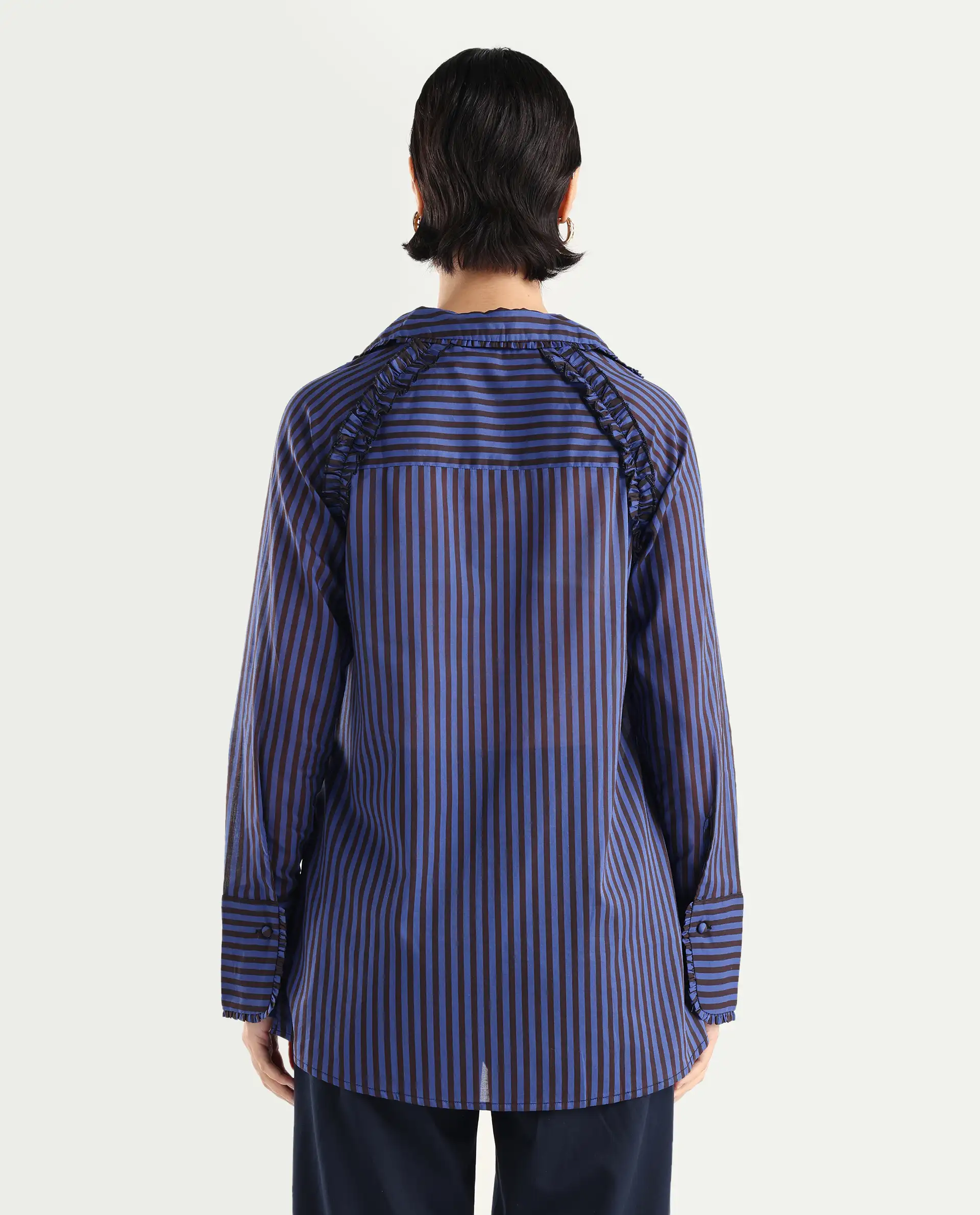 Rareism Women's Treasure Blue Cotton Spread Collar Striped Relaxed Fit Shirt - Image 8