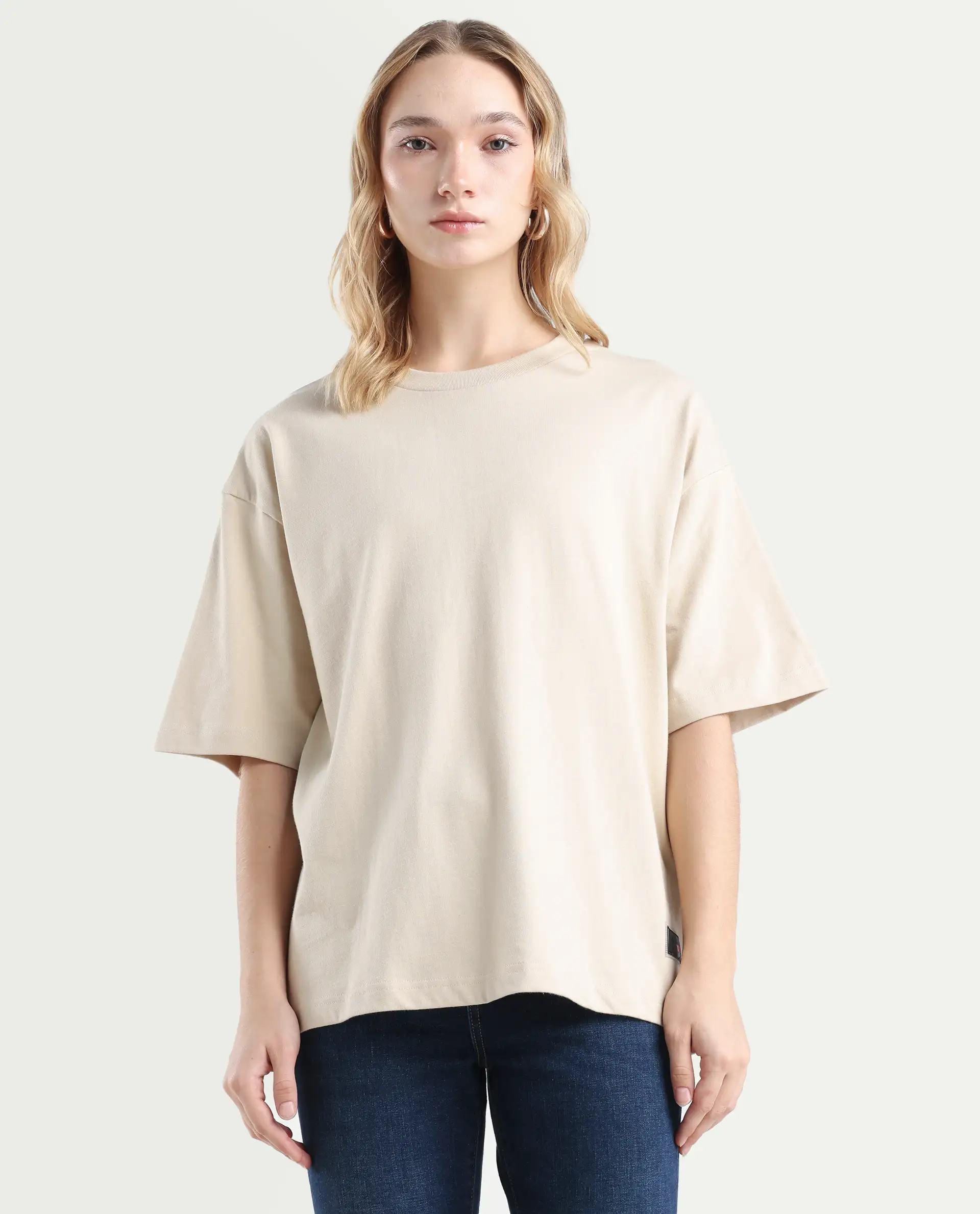 Rareism Women's Trebel Beige Cotton Graphic Print Oversized T-Shirt - Image 3