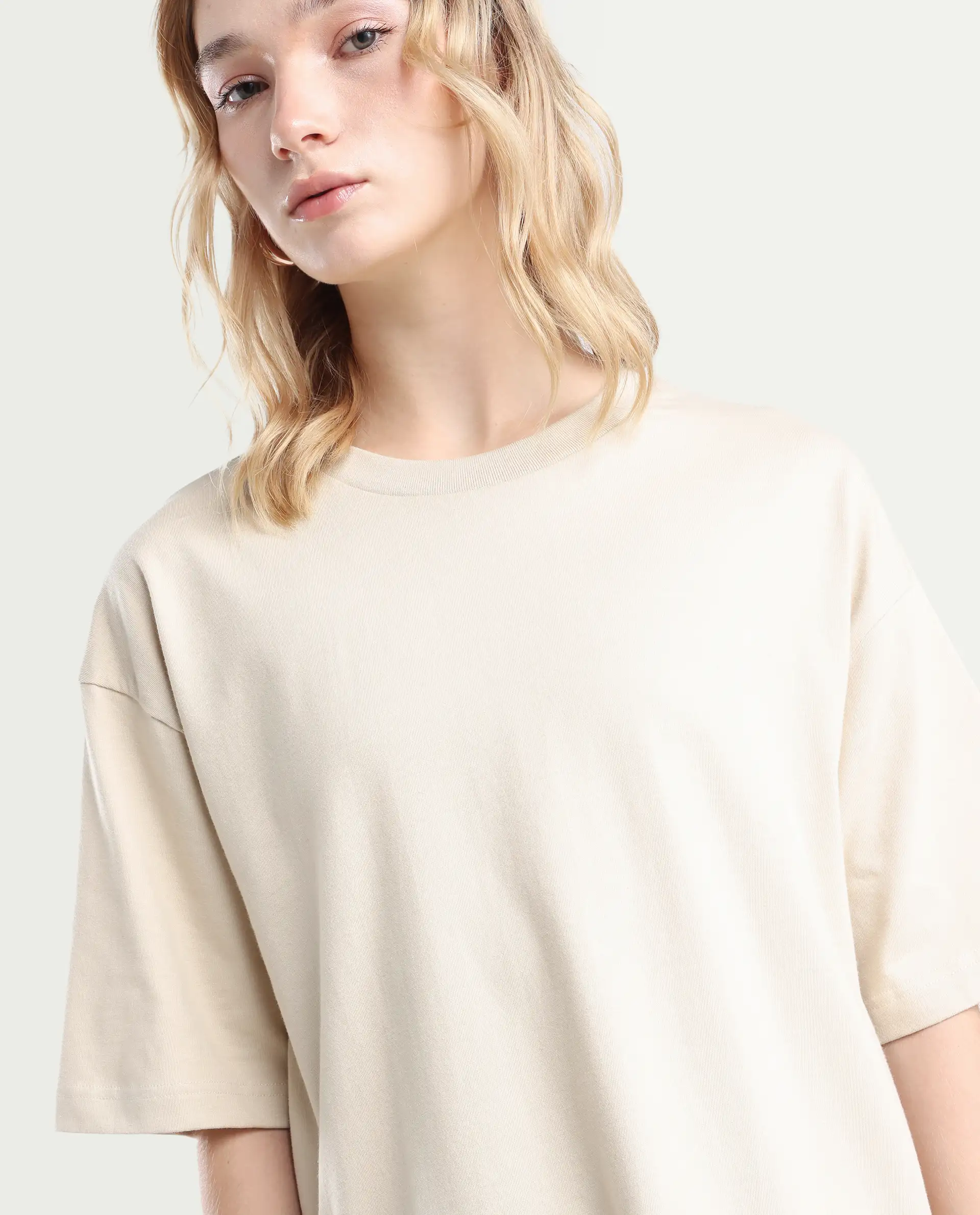 Rareism Women's Trebel Beige Cotton Graphic Print Oversized T-Shirt - Image 4