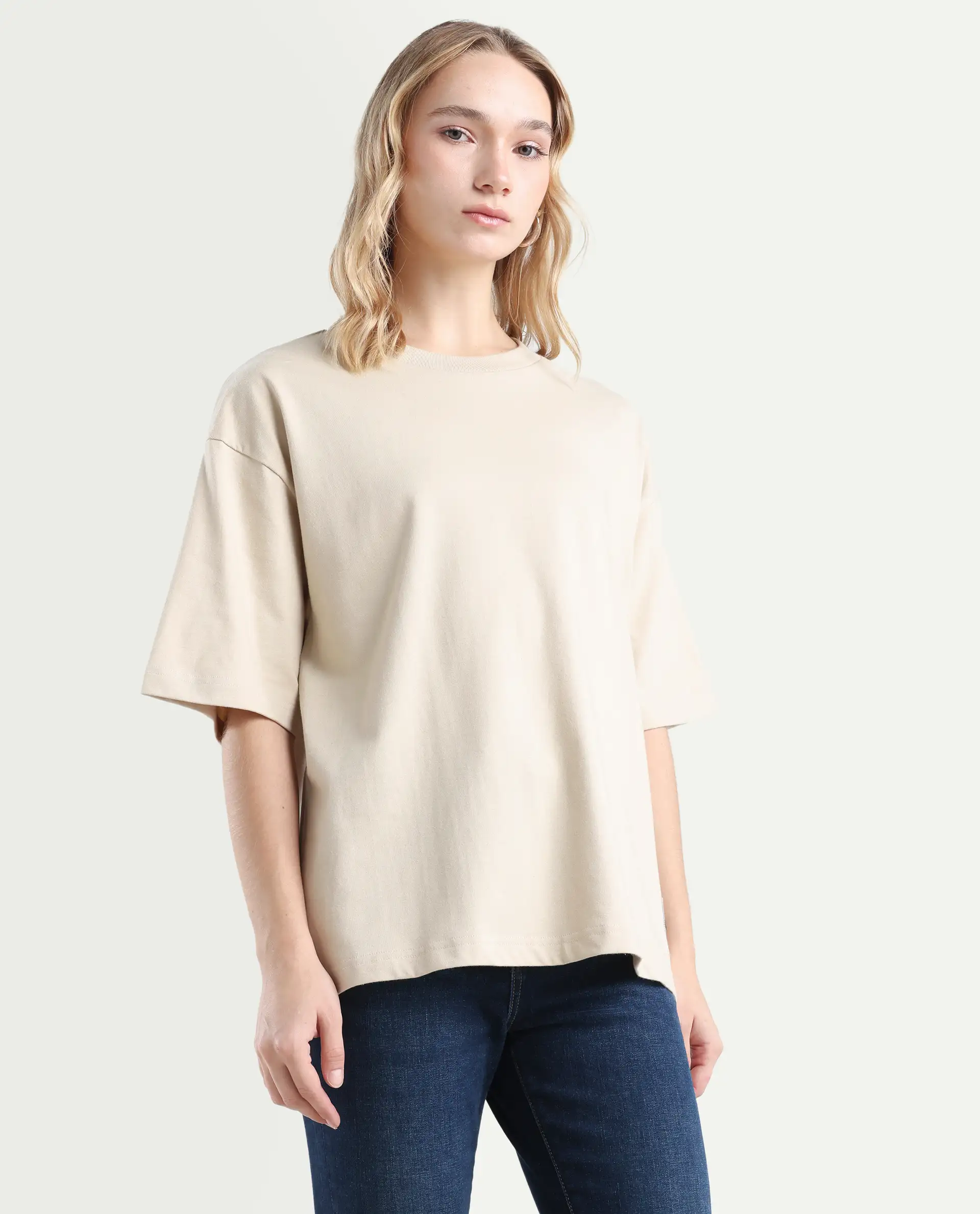Rareism Women's Trebel Beige Cotton Graphic Print Oversized T-Shirt - Image 6