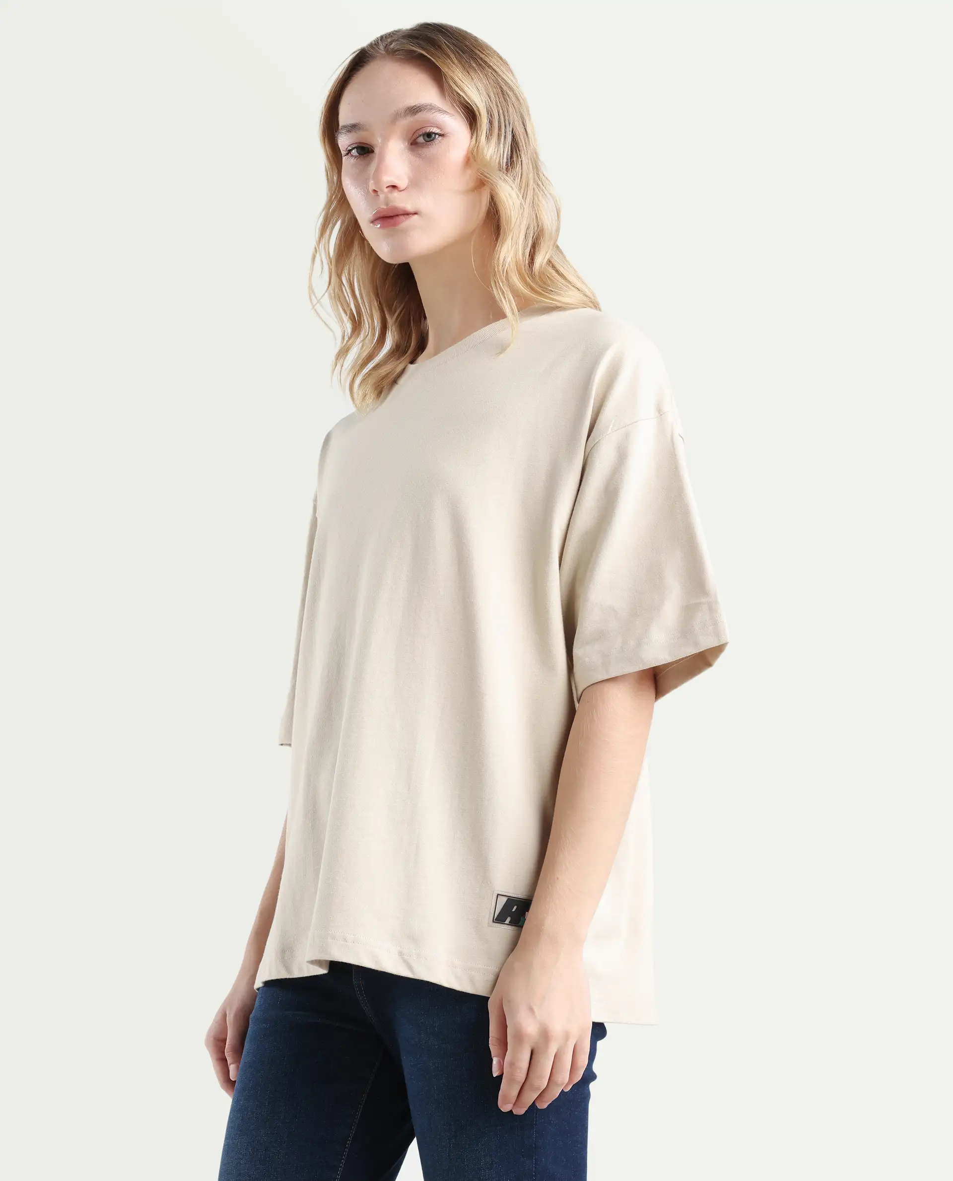 Rareism Women's Trebel Beige Cotton Graphic Print Oversized T-Shirt - Image 7