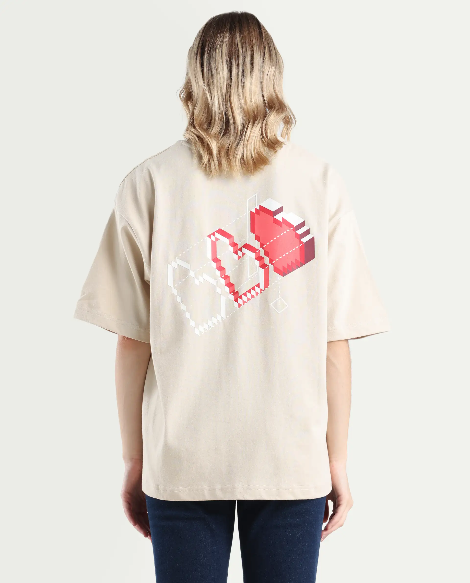 Rareism Women's Trebel Beige Cotton Graphic Print Oversized T-Shirt - Image 8