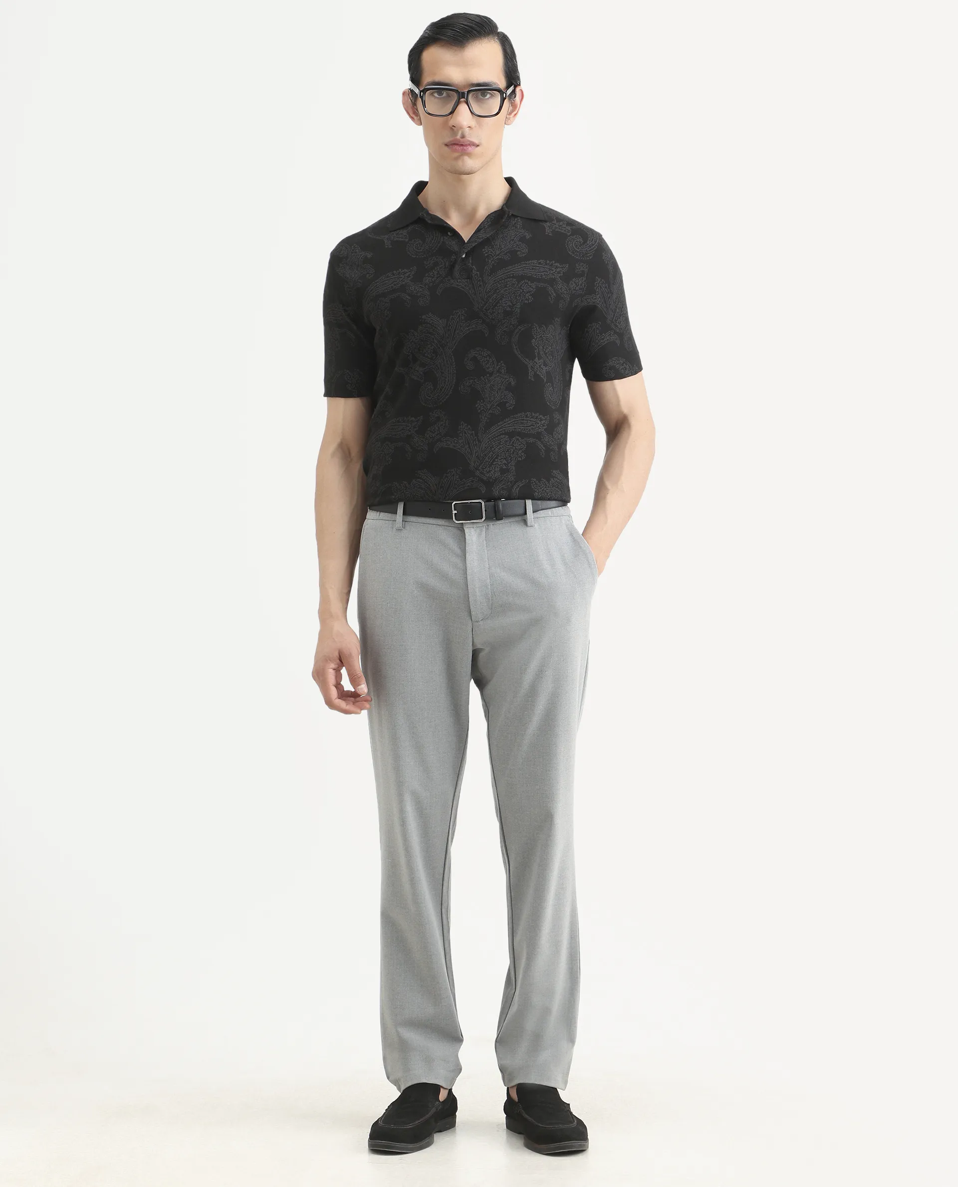 Rare Rabbit Men's Tred Black Cotton Fabric Half Sleeve Spread Collar Paisley Polo - Image 2
