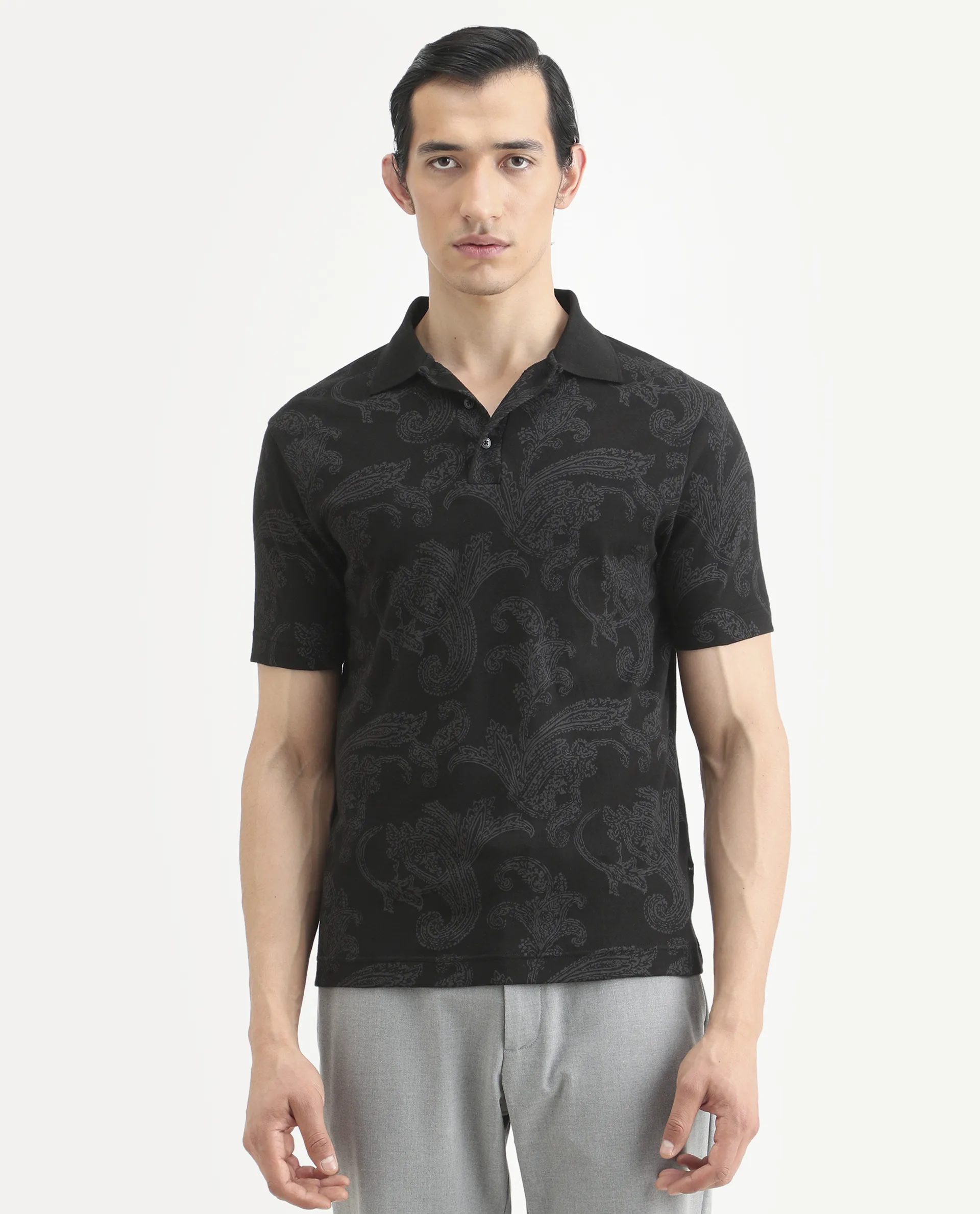 Rare Rabbit Men's Tred Black Cotton Fabric Half Sleeve Spread Collar Paisley Polo - Image 3