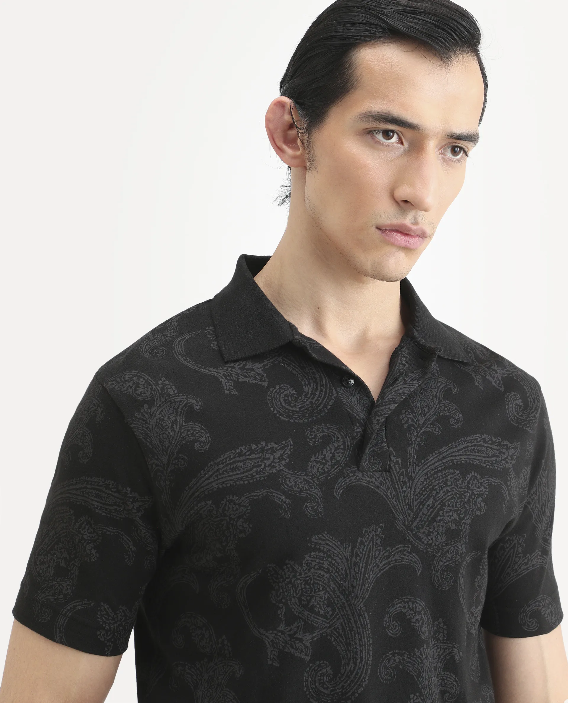 Rare Rabbit Men's Tred Black Cotton Fabric Half Sleeve Spread Collar Paisley Polo - Image 4
