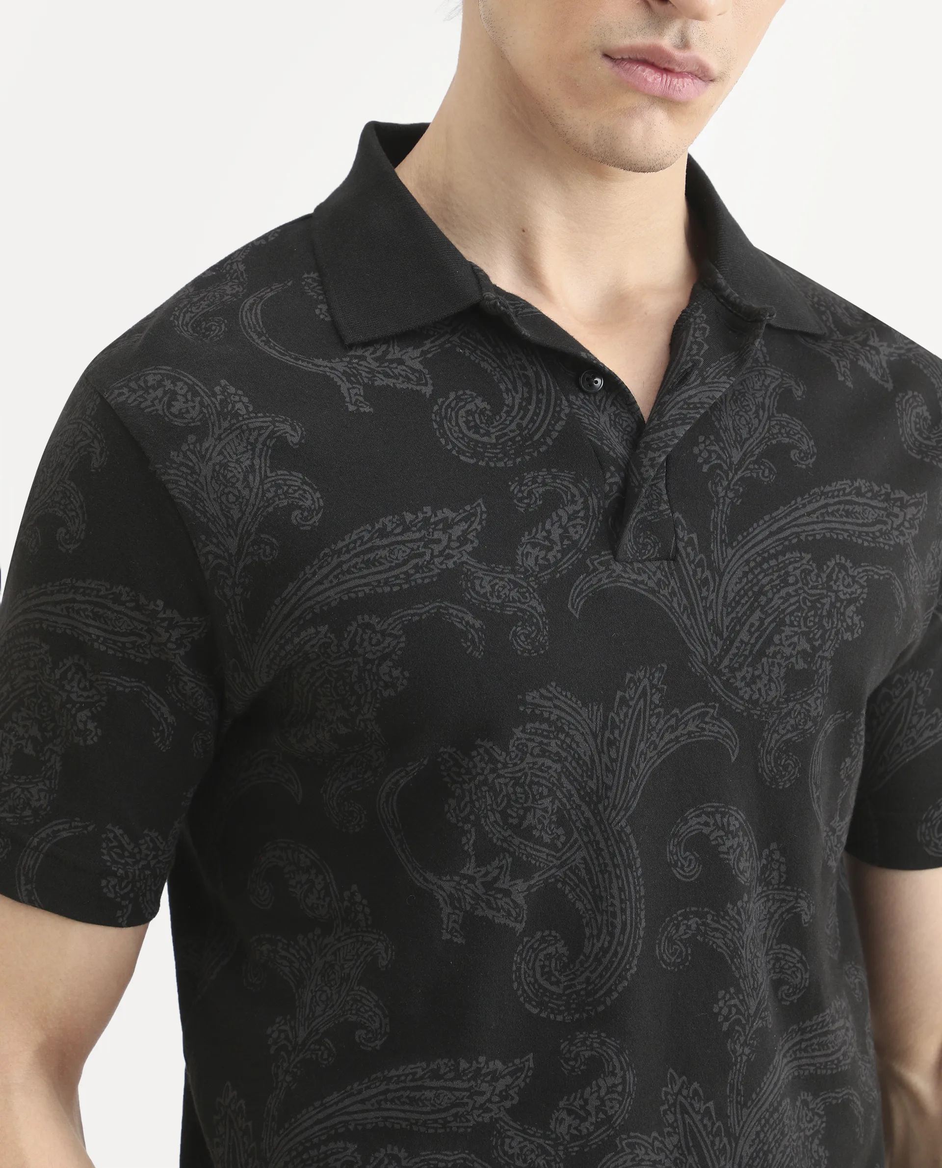 Rare Rabbit Men's Tred Black Cotton Fabric Half Sleeve Spread Collar Paisley Polo - Image 5