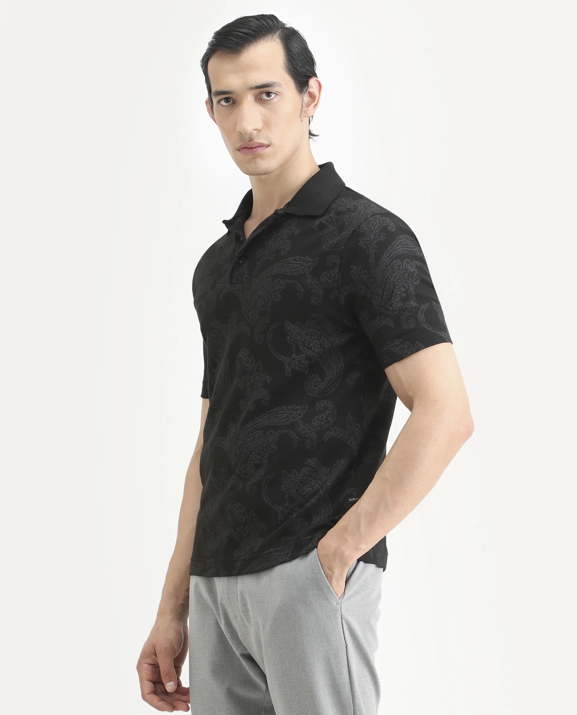 Rare Rabbit Men's Tred Black Cotton Fabric Half Sleeve Spread Collar Paisley Polo - Image 6
