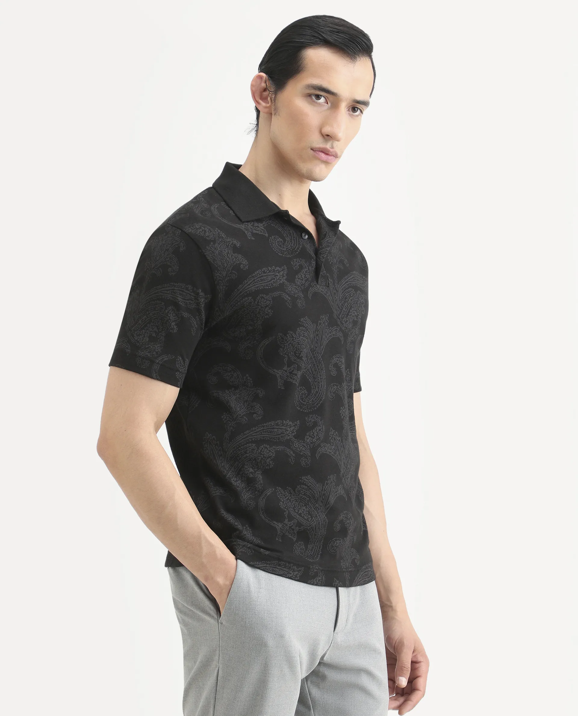 Rare Rabbit Men's Tred Black Cotton Fabric Half Sleeve Spread Collar Paisley Polo - Image 7