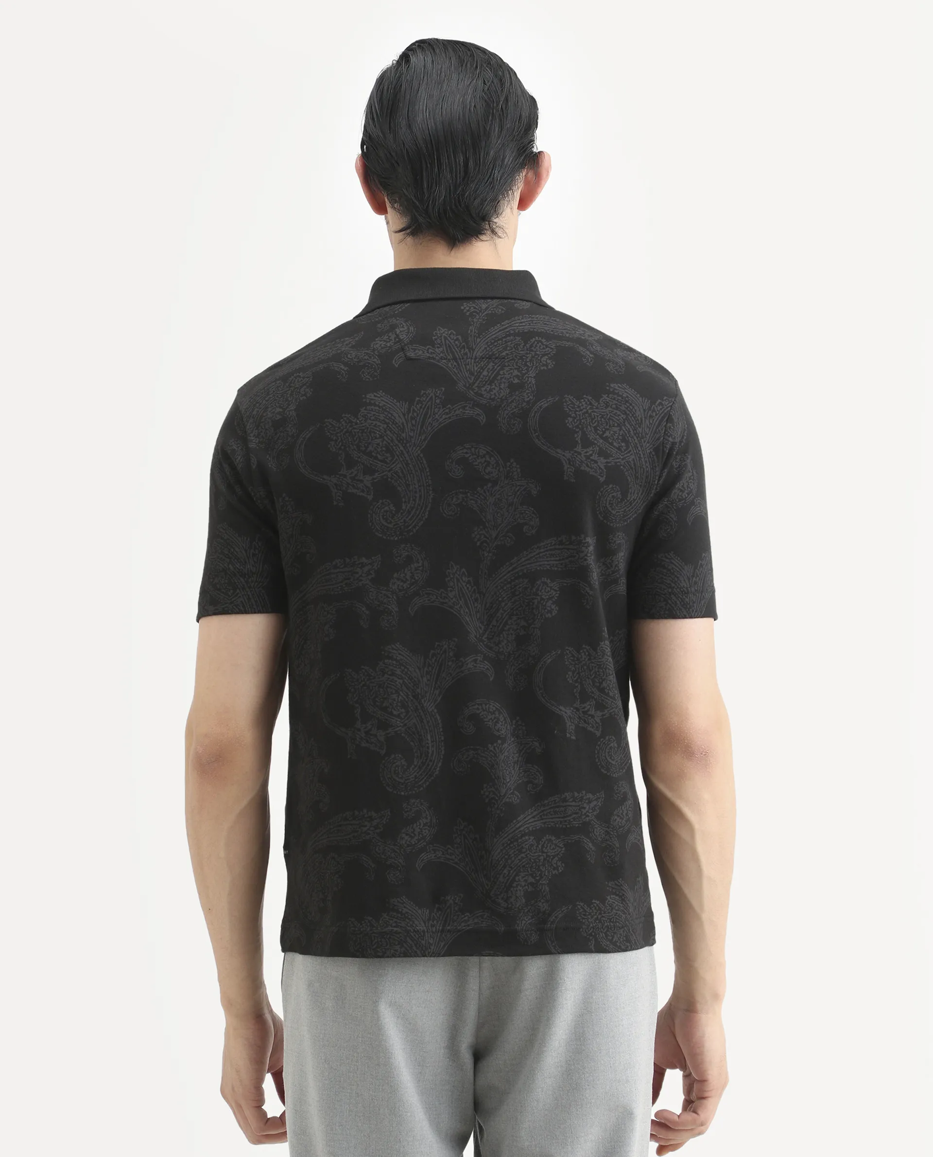 Rare Rabbit Men's Tred Black Cotton Fabric Half Sleeve Spread Collar Paisley Polo - Image 8
