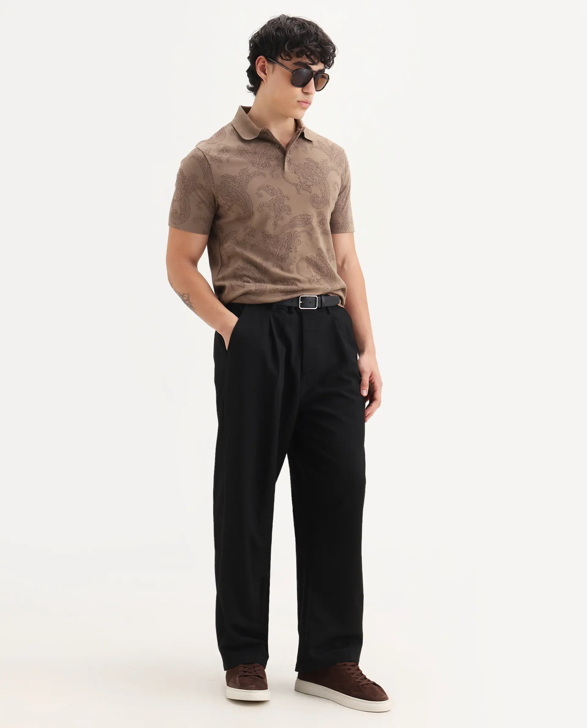 Rare Rabbit Men's Tred Dusky Brown Cotton Fabric Half Sleeve Spread Collar Paisley Polo - Image 2