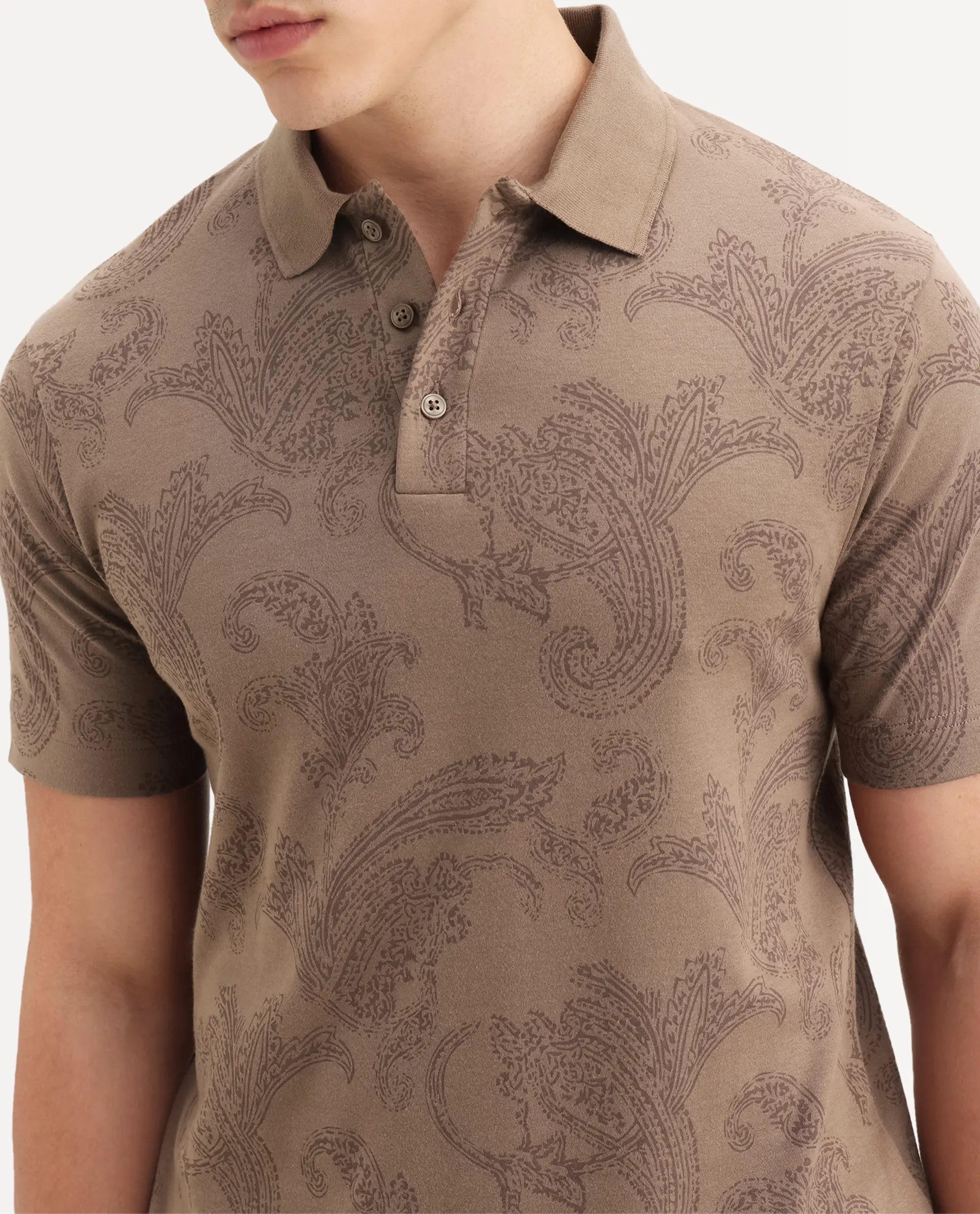 Rare Rabbit Men's Tred Dusky Brown Cotton Fabric Half Sleeve Spread Collar Paisley Polo - Image 3