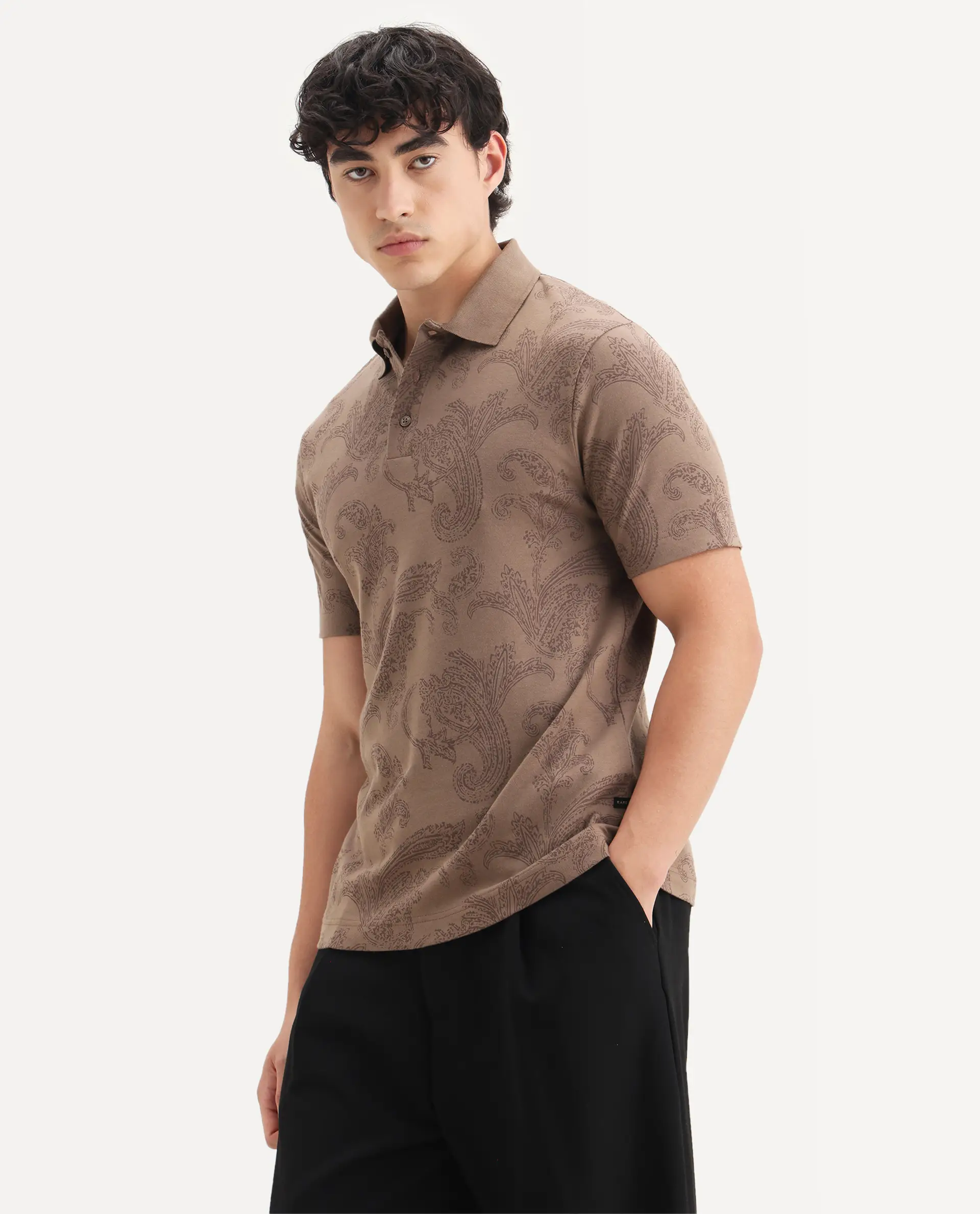 Rare Rabbit Men's Tred Dusky Brown Cotton Fabric Half Sleeve Spread Collar Paisley Polo - Image 4