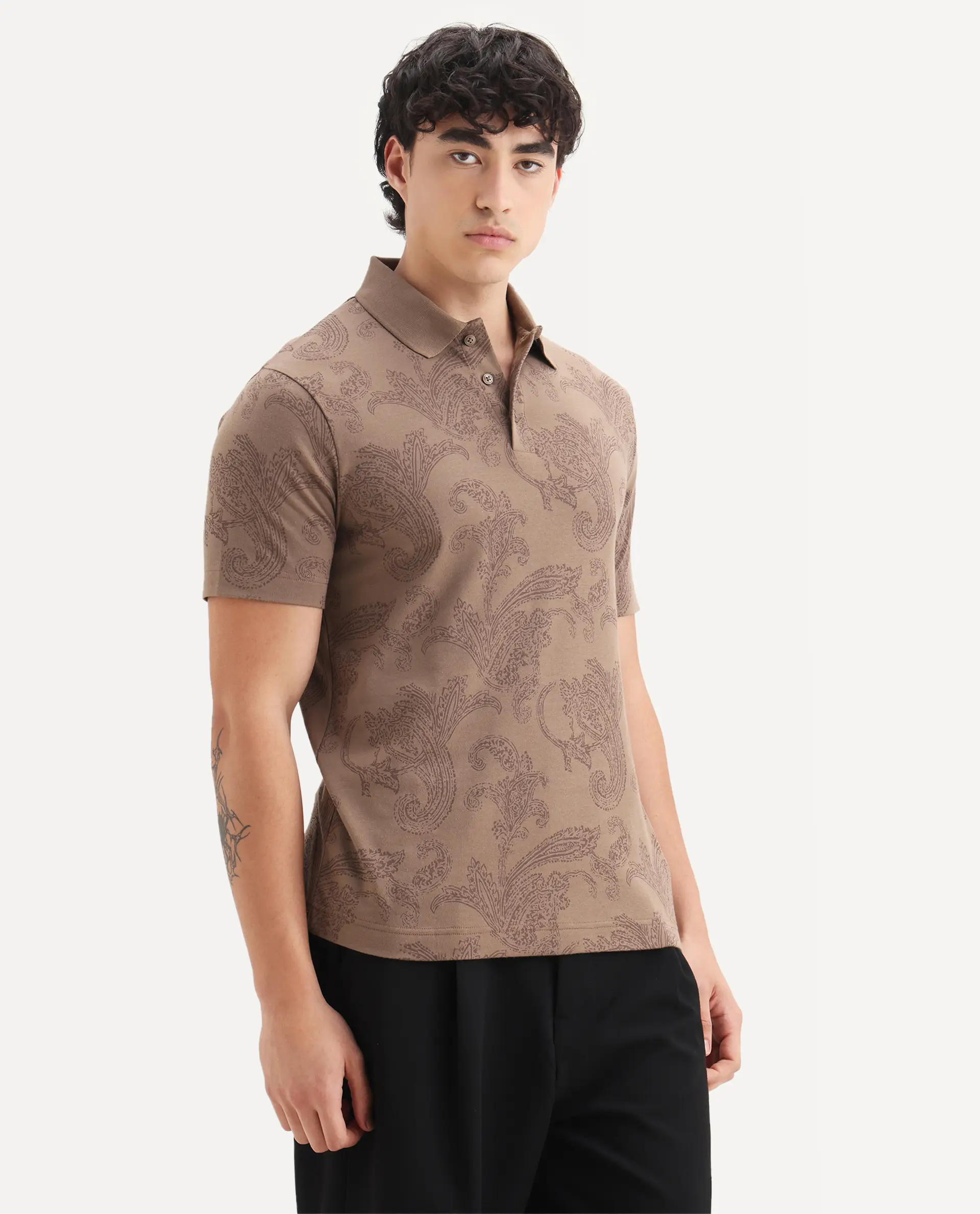 Rare Rabbit Men's Tred Dusky Brown Cotton Fabric Half Sleeve Spread Collar Paisley Polo - Image 5