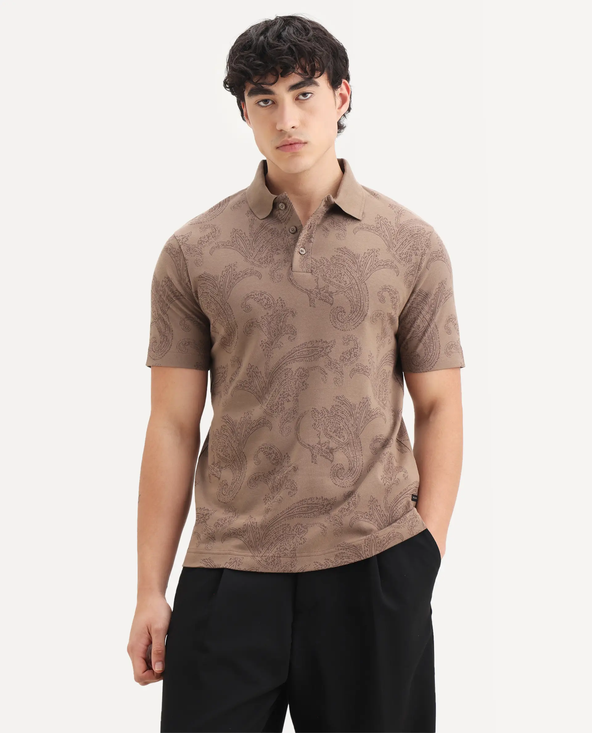 Rare Rabbit Men's Tred Dusky Brown Cotton Fabric Half Sleeve Spread Collar Paisley Polo - Image 6