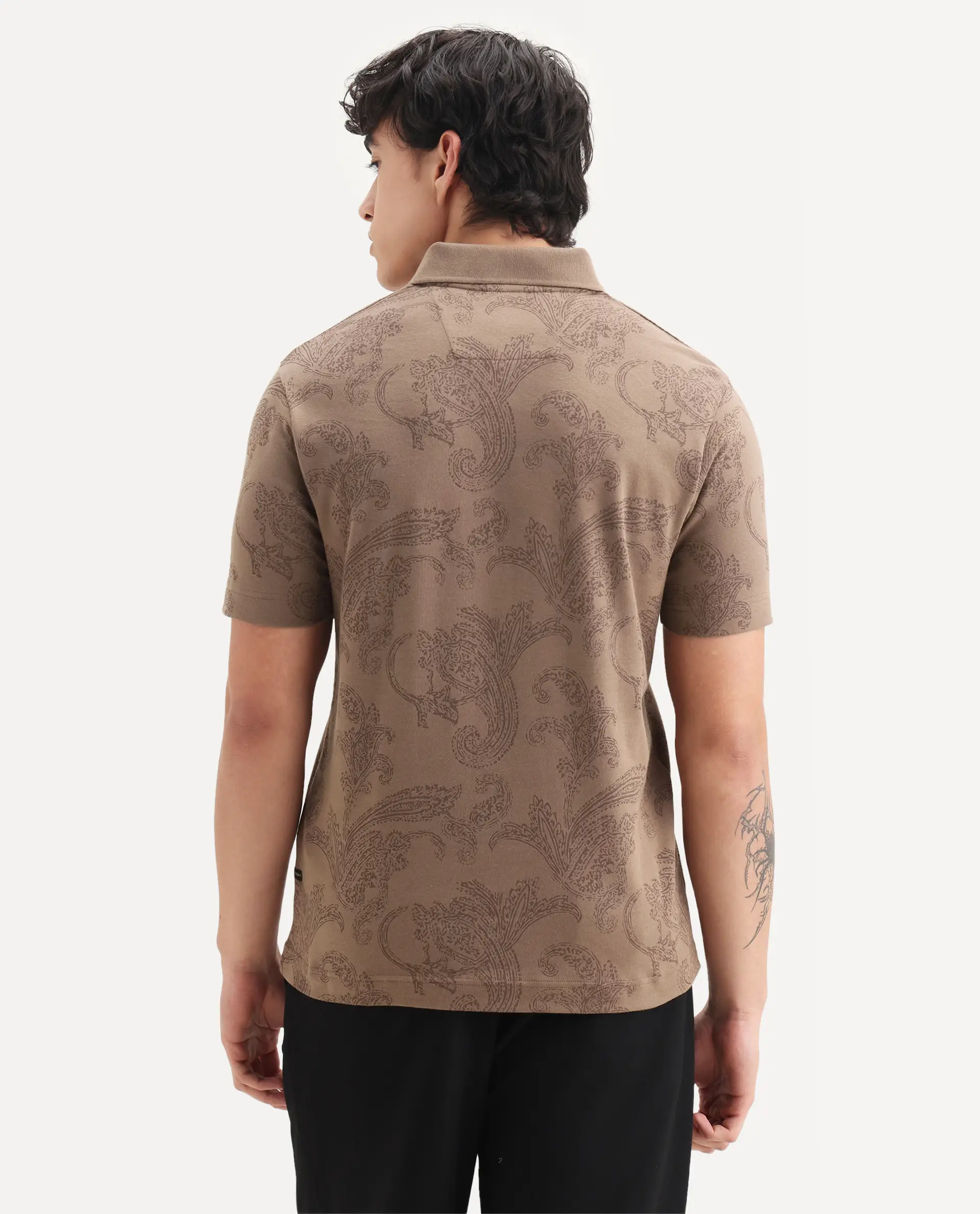 Rare Rabbit Men's Tred Dusky Brown Cotton Fabric Half Sleeve Spread Collar Paisley Polo - Image 7