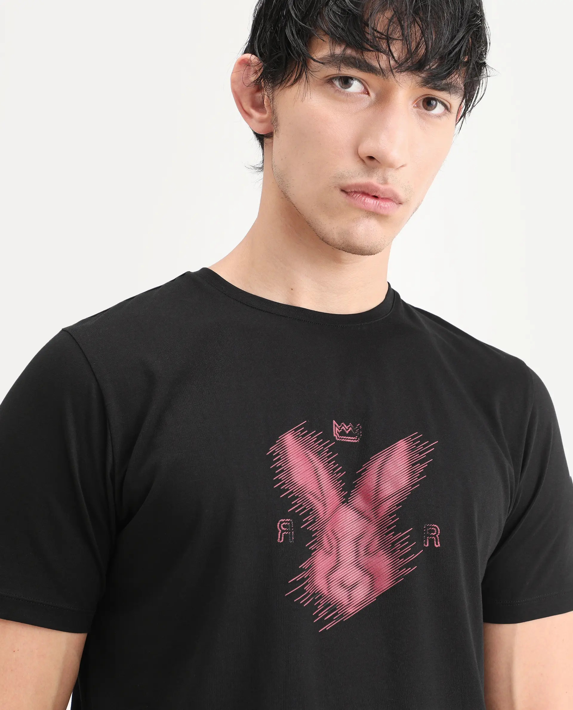 Rare Rabbit Men's Tregor Black Cotton Blend Fabric Half Sleeve Crew Neck Regular Fit HD Print T-Shirt - Image 3