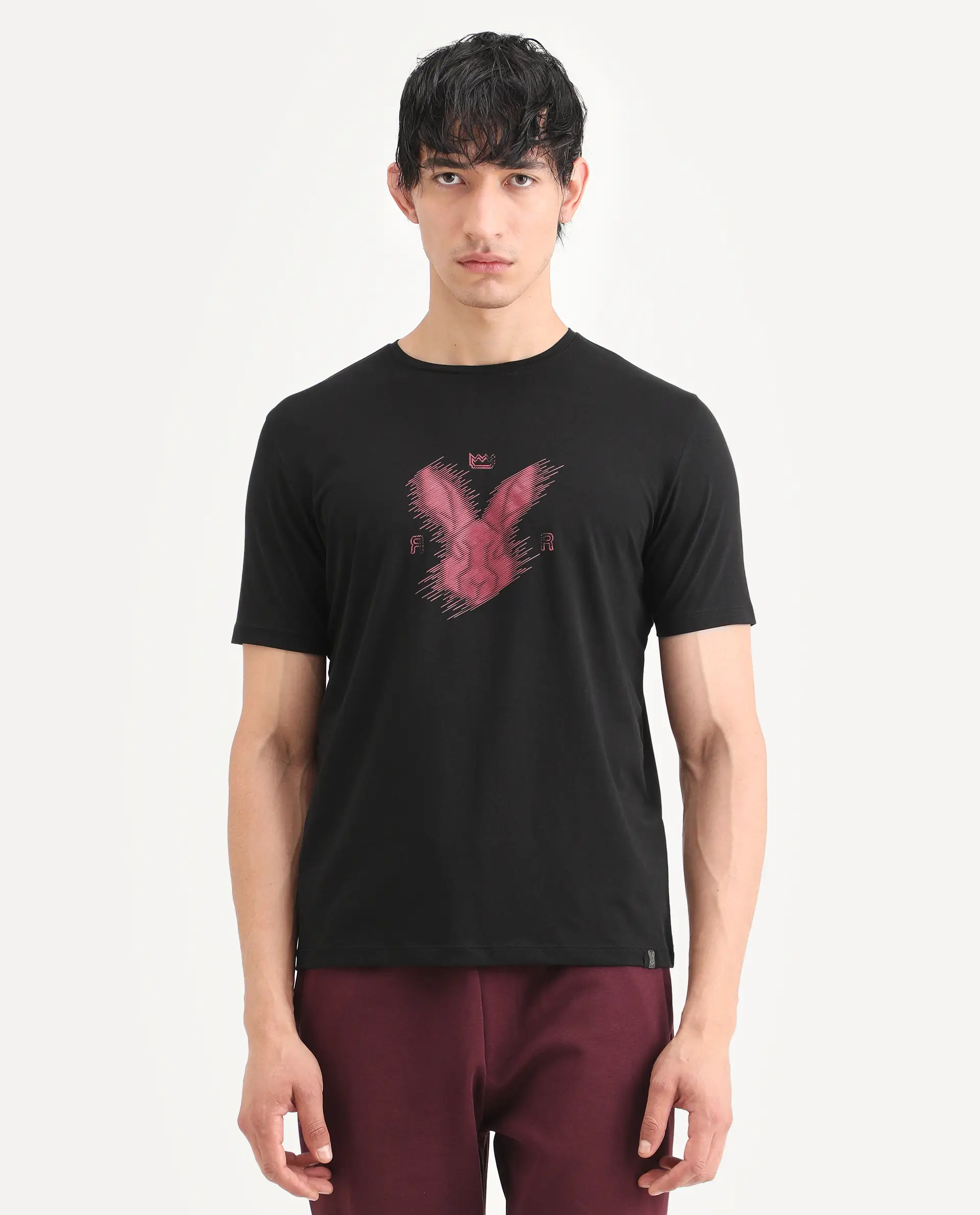Rare Rabbit Men's Tregor Black Cotton Blend Fabric Half Sleeve Crew Neck Regular Fit HD Print T-Shirt - Image 4