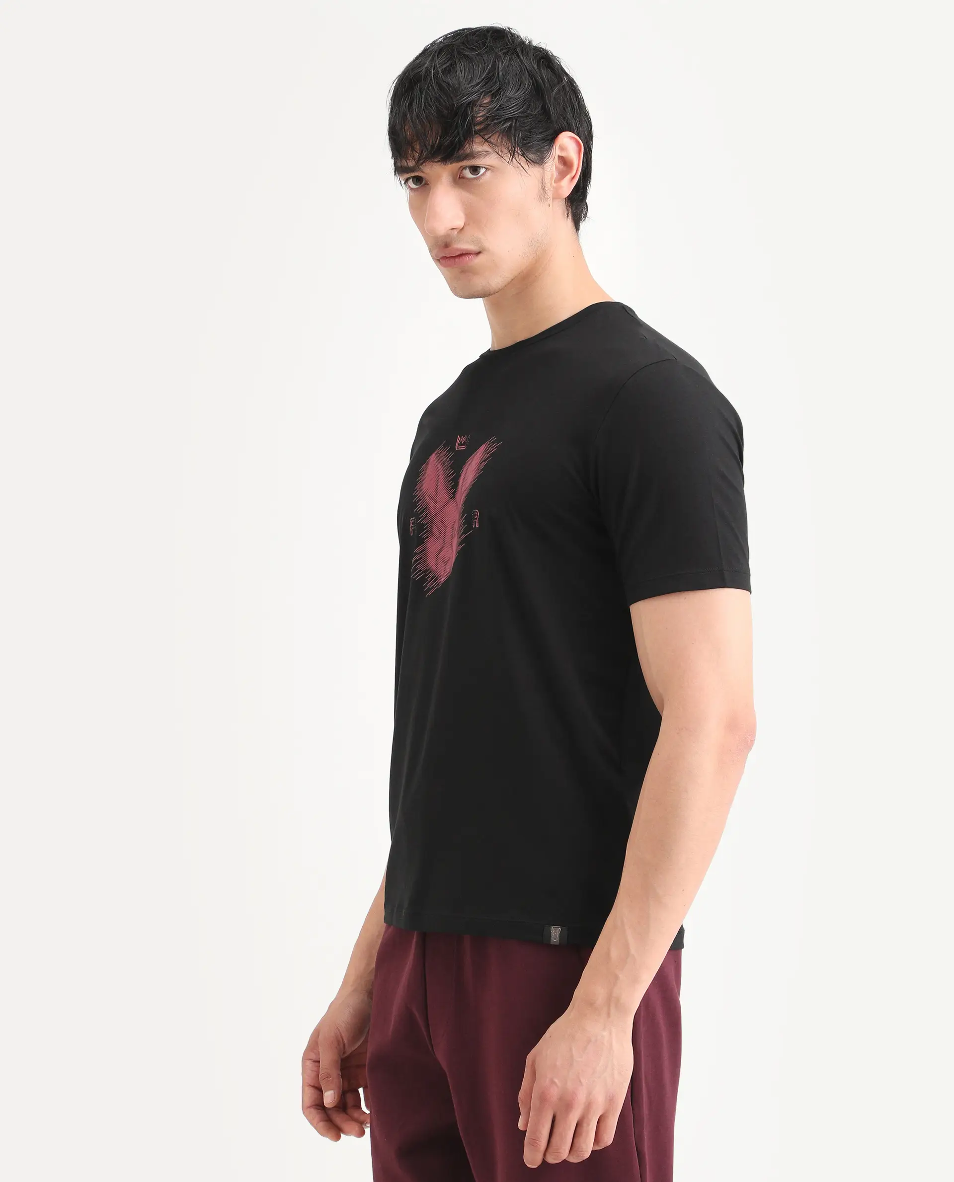 Rare Rabbit Men's Tregor Black Cotton Blend Fabric Half Sleeve Crew Neck Regular Fit HD Print T-Shirt - Image 5