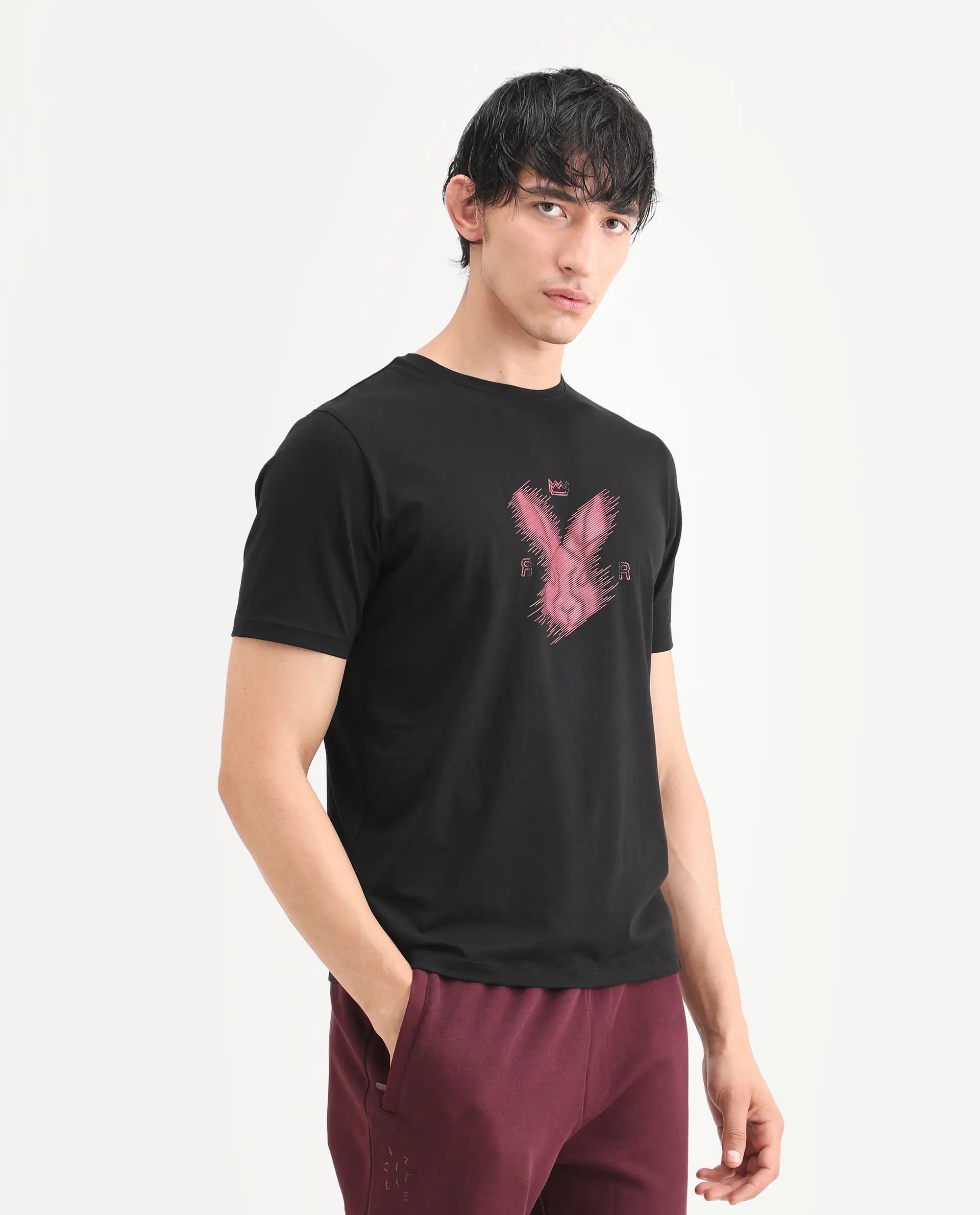 Rare Rabbit Men's Tregor Black Cotton Blend Fabric Half Sleeve Crew Neck Regular Fit HD Print T-Shirt - Image 6