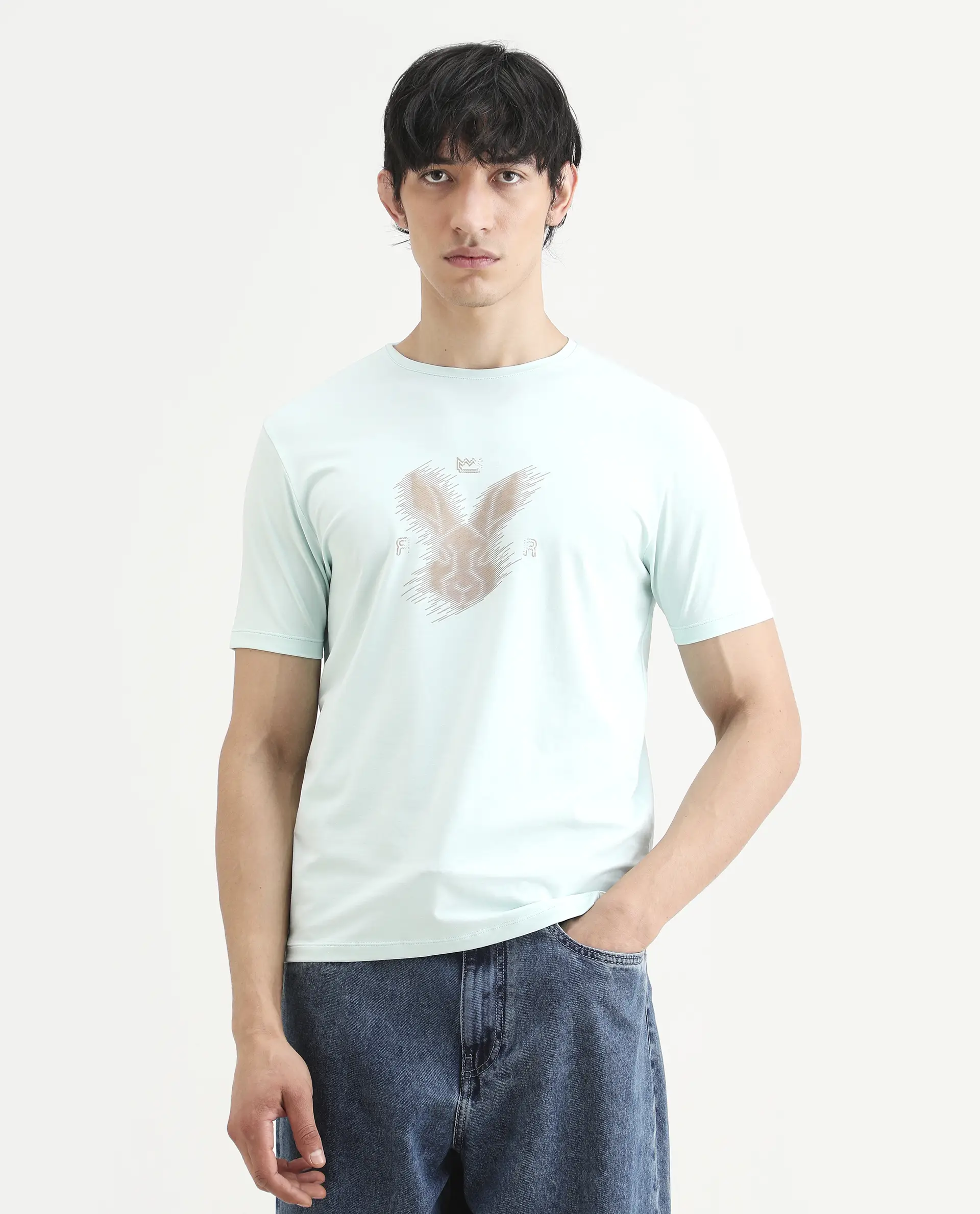 Rare Rabbit Men's Tregor Pastel Green Cotton Blend Fabric Half Sleeve Crew Neck Regular Fit HD Print T-Shirt