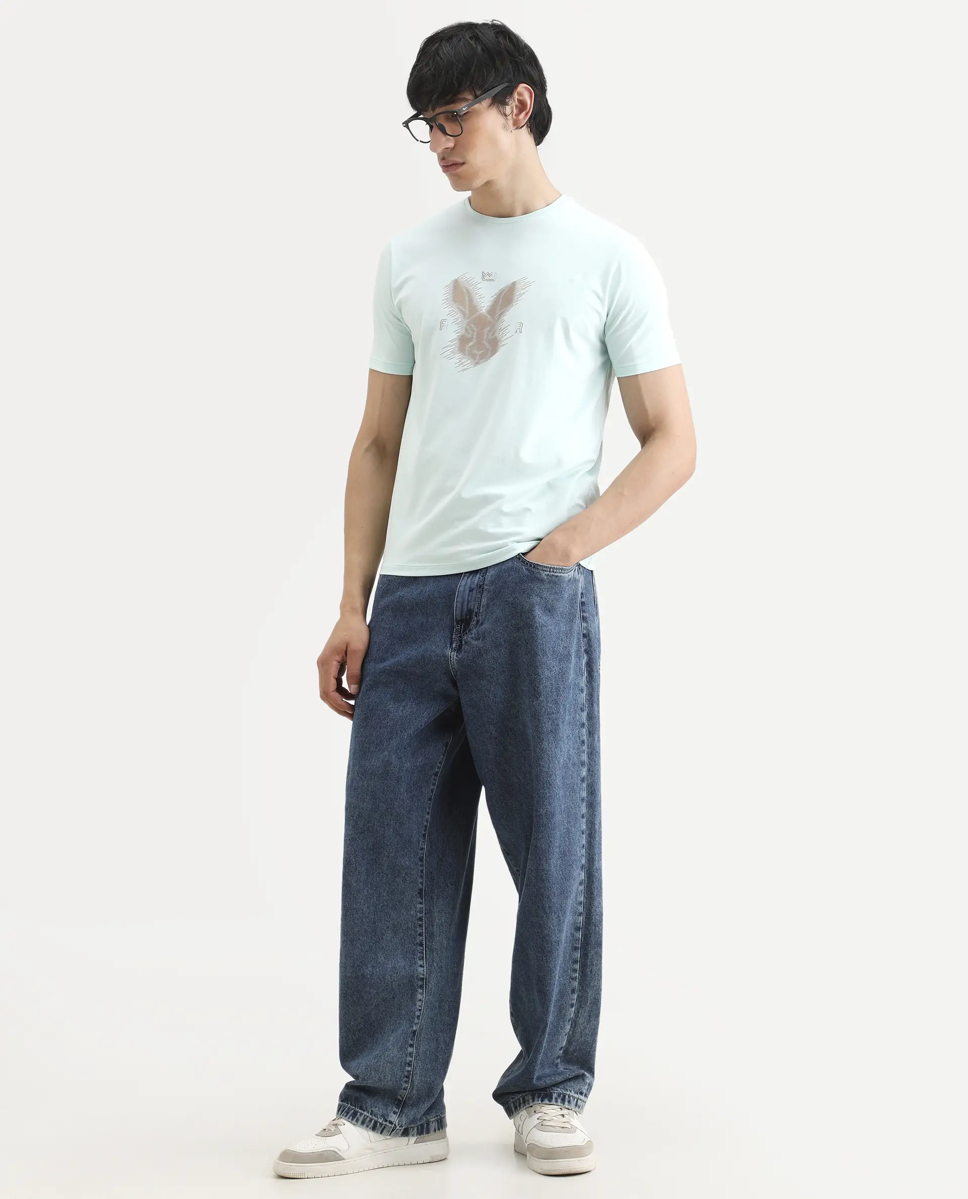 Rare Rabbit Men's Tregor Pastel Green Cotton Blend Fabric Half Sleeve Crew Neck Regular Fit HD Print T-Shirt - Image 2