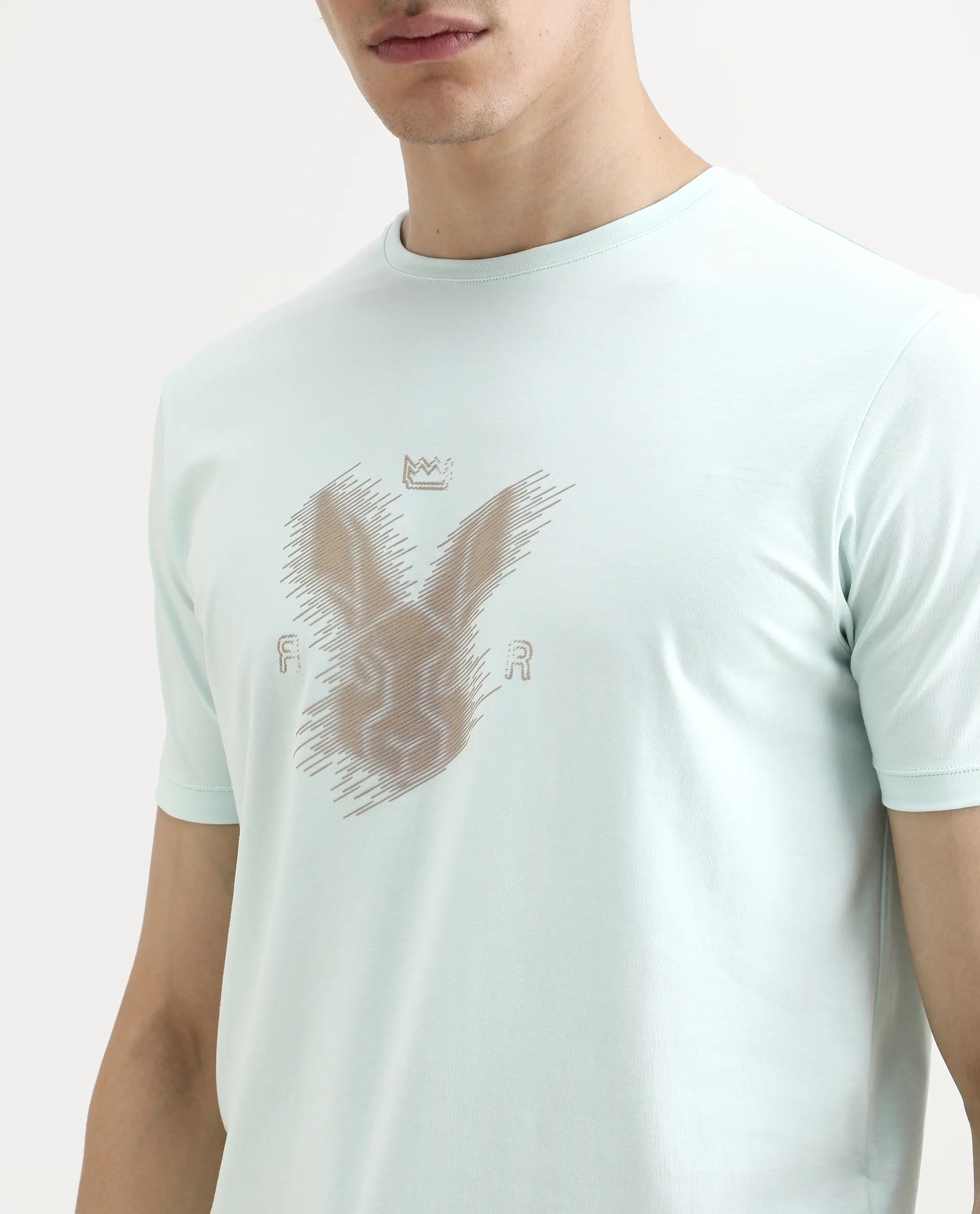 Rare Rabbit Men's Tregor Pastel Green Cotton Blend Fabric Half Sleeve Crew Neck Regular Fit HD Print T-Shirt - Image 3