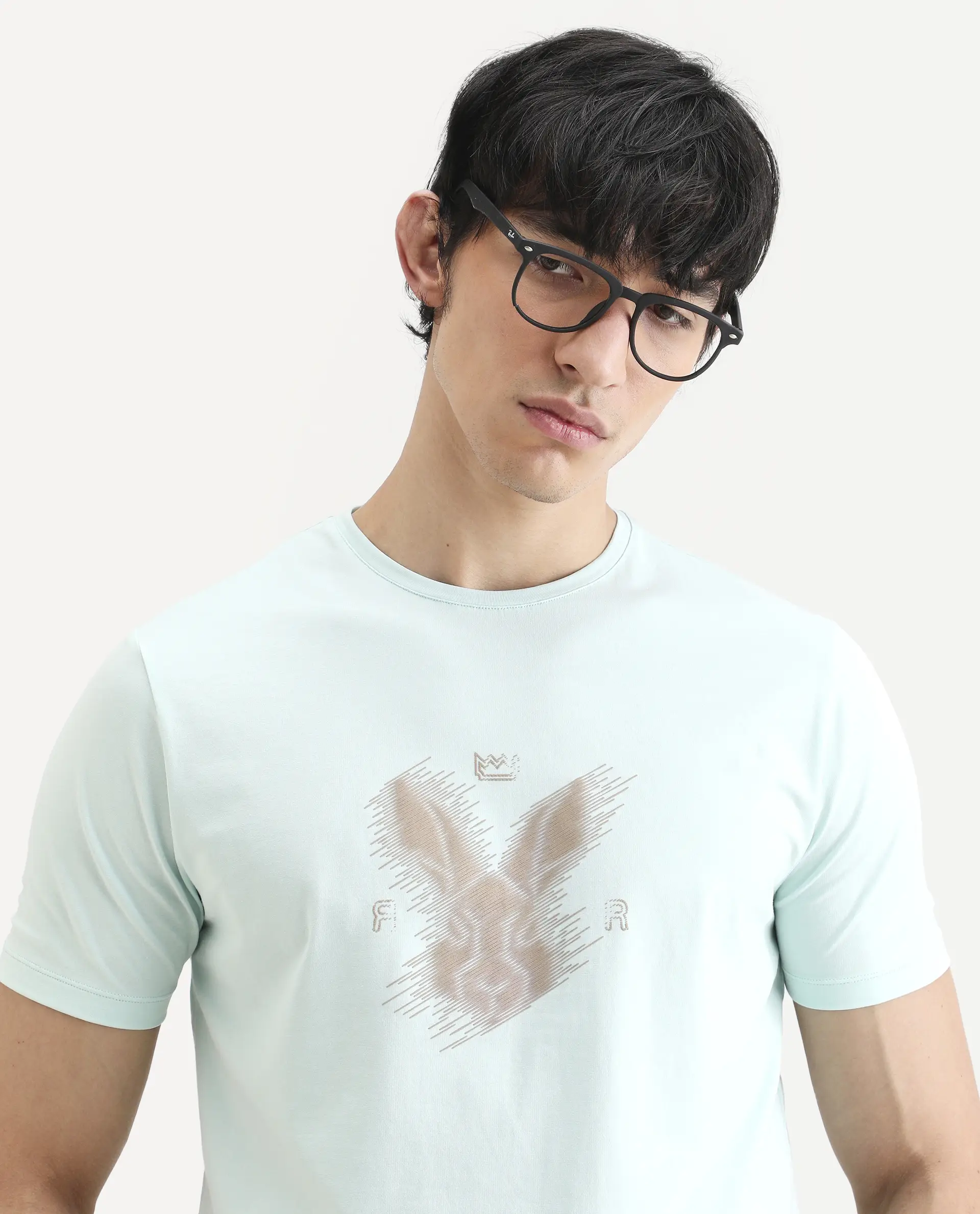 Rare Rabbit Men's Tregor Pastel Green Cotton Blend Fabric Half Sleeve Crew Neck Regular Fit HD Print T-Shirt - Image 4