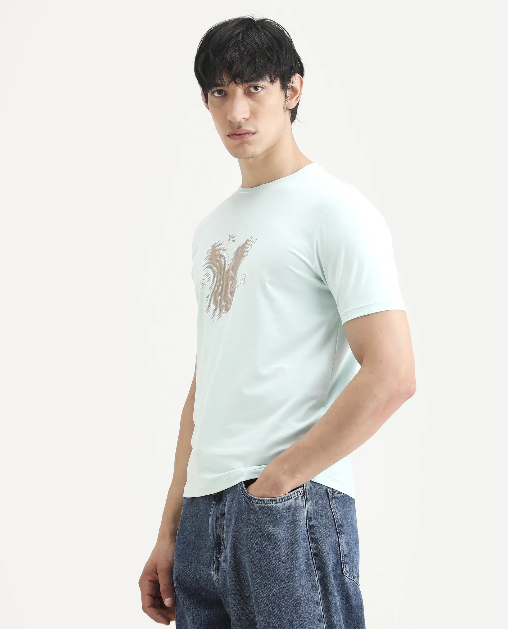 Rare Rabbit Men's Tregor Pastel Green Cotton Blend Fabric Half Sleeve Crew Neck Regular Fit HD Print T-Shirt - Image 5