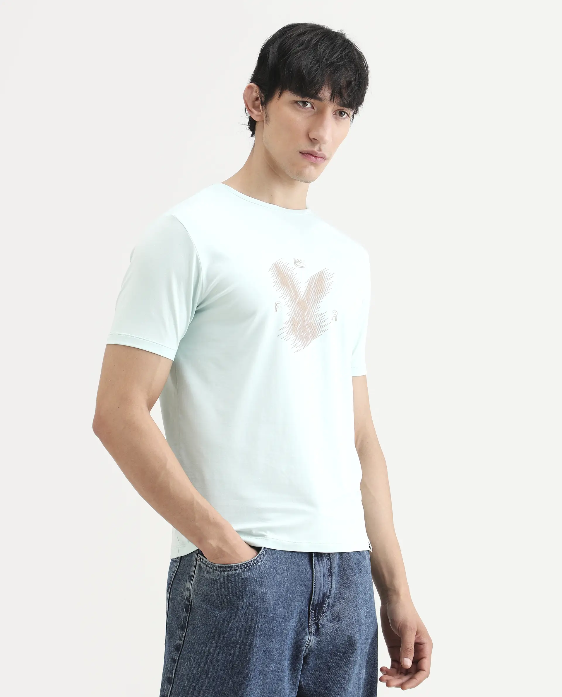 Rare Rabbit Men's Tregor Pastel Green Cotton Blend Fabric Half Sleeve Crew Neck Regular Fit HD Print T-Shirt - Image 6