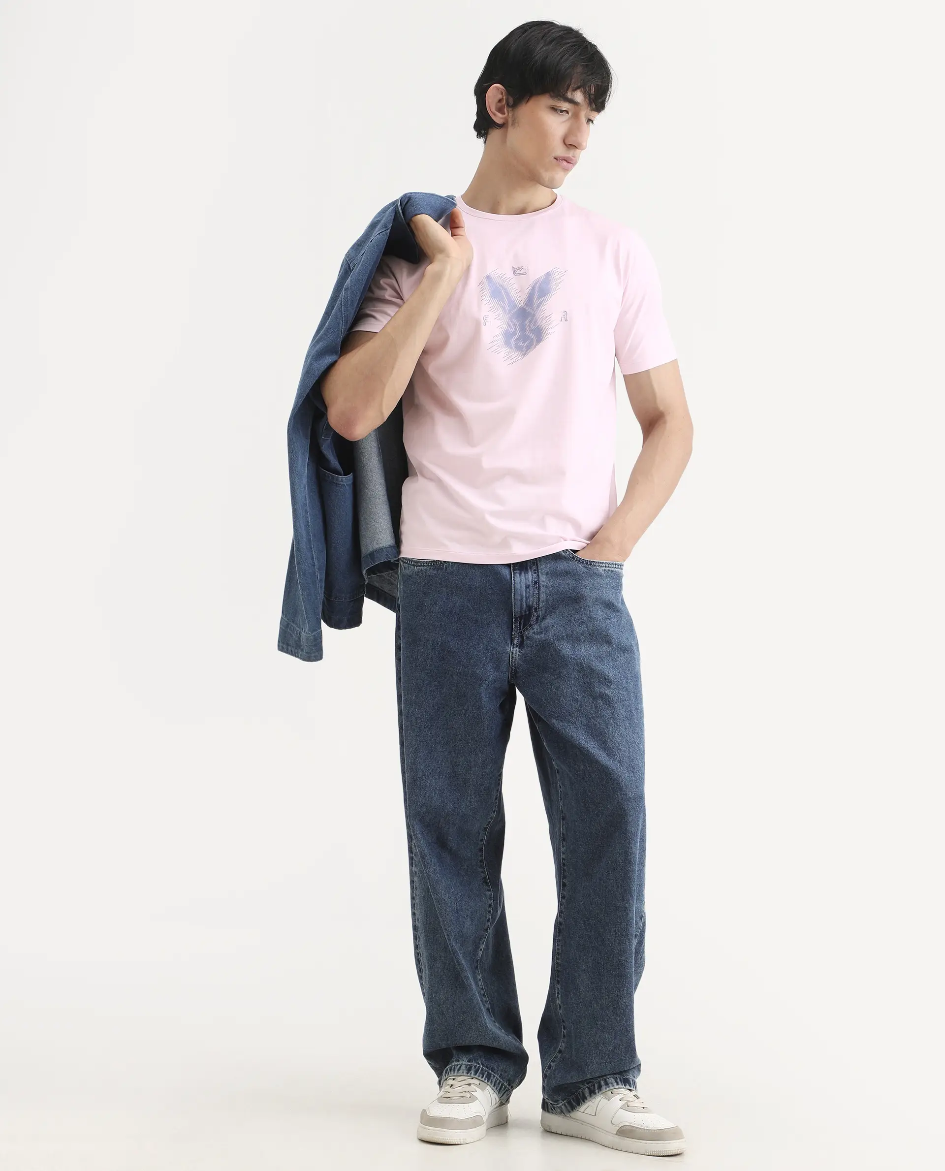 Rare Rabbit Men's Tregor Pastel Pink Cotton Blend Fabric Half Sleeve Crew Neck Regular Fit HD Print T-Shirt - Image 2