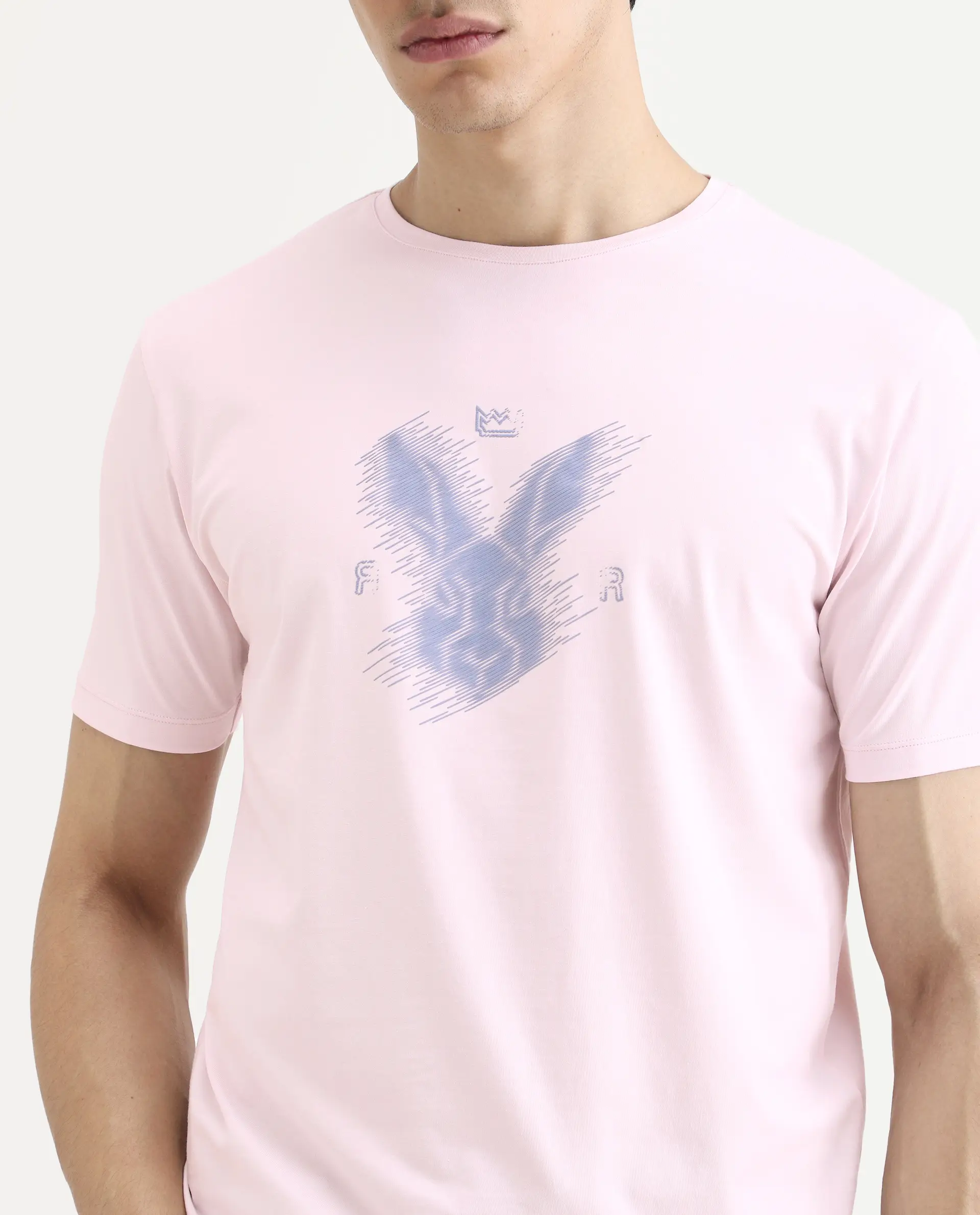 Rare Rabbit Men's Tregor Pastel Pink Cotton Blend Fabric Half Sleeve Crew Neck Regular Fit HD Print T-Shirt - Image 3