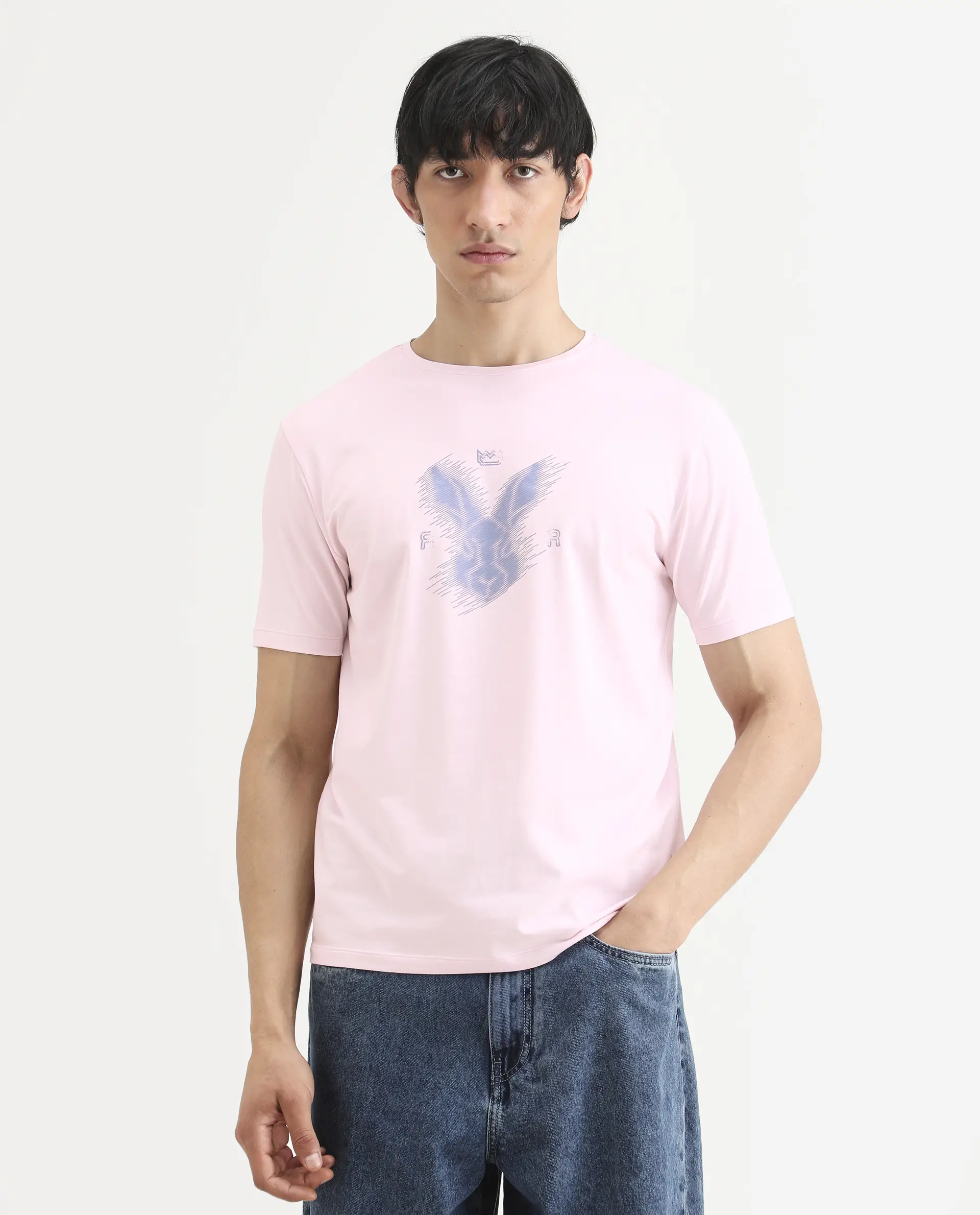 Rare Rabbit Men's Tregor Pastel Pink Cotton Blend Fabric Half Sleeve Crew Neck Regular Fit HD Print T-Shirt - Image 4