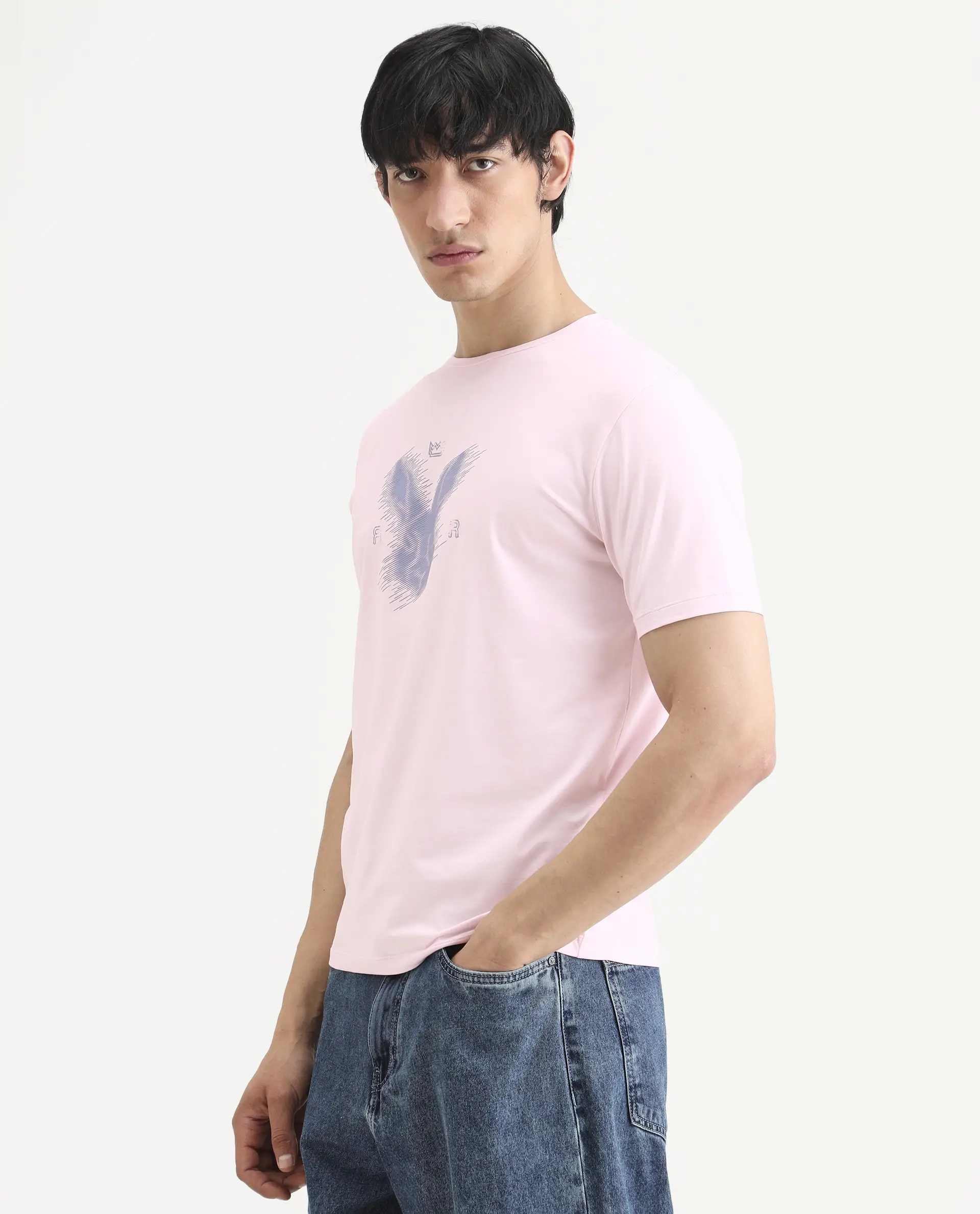 Rare Rabbit Men's Tregor Pastel Pink Cotton Blend Fabric Half Sleeve Crew Neck Regular Fit HD Print T-Shirt - Image 5