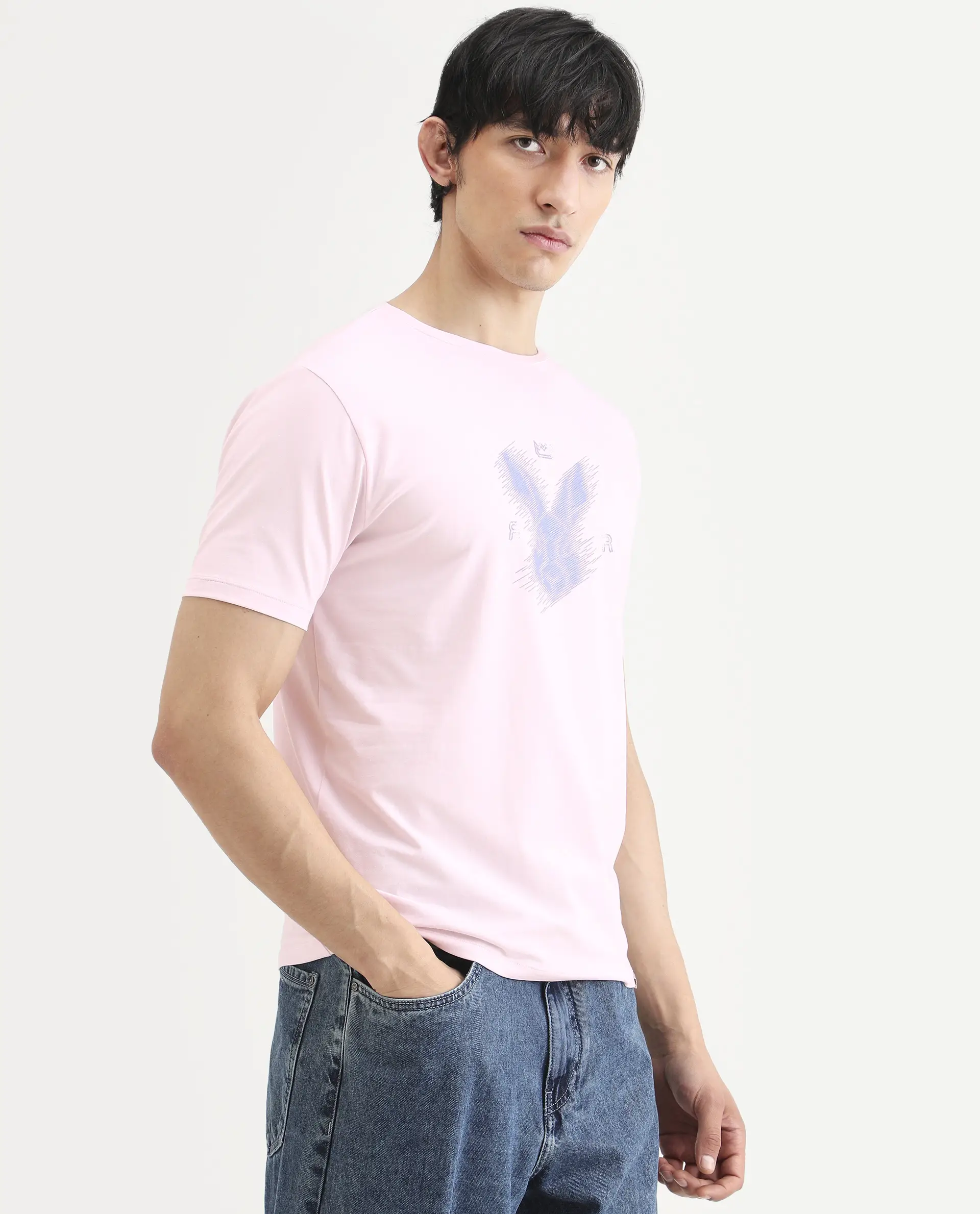 Rare Rabbit Men's Tregor Pastel Pink Cotton Blend Fabric Half Sleeve Crew Neck Regular Fit HD Print T-Shirt - Image 6
