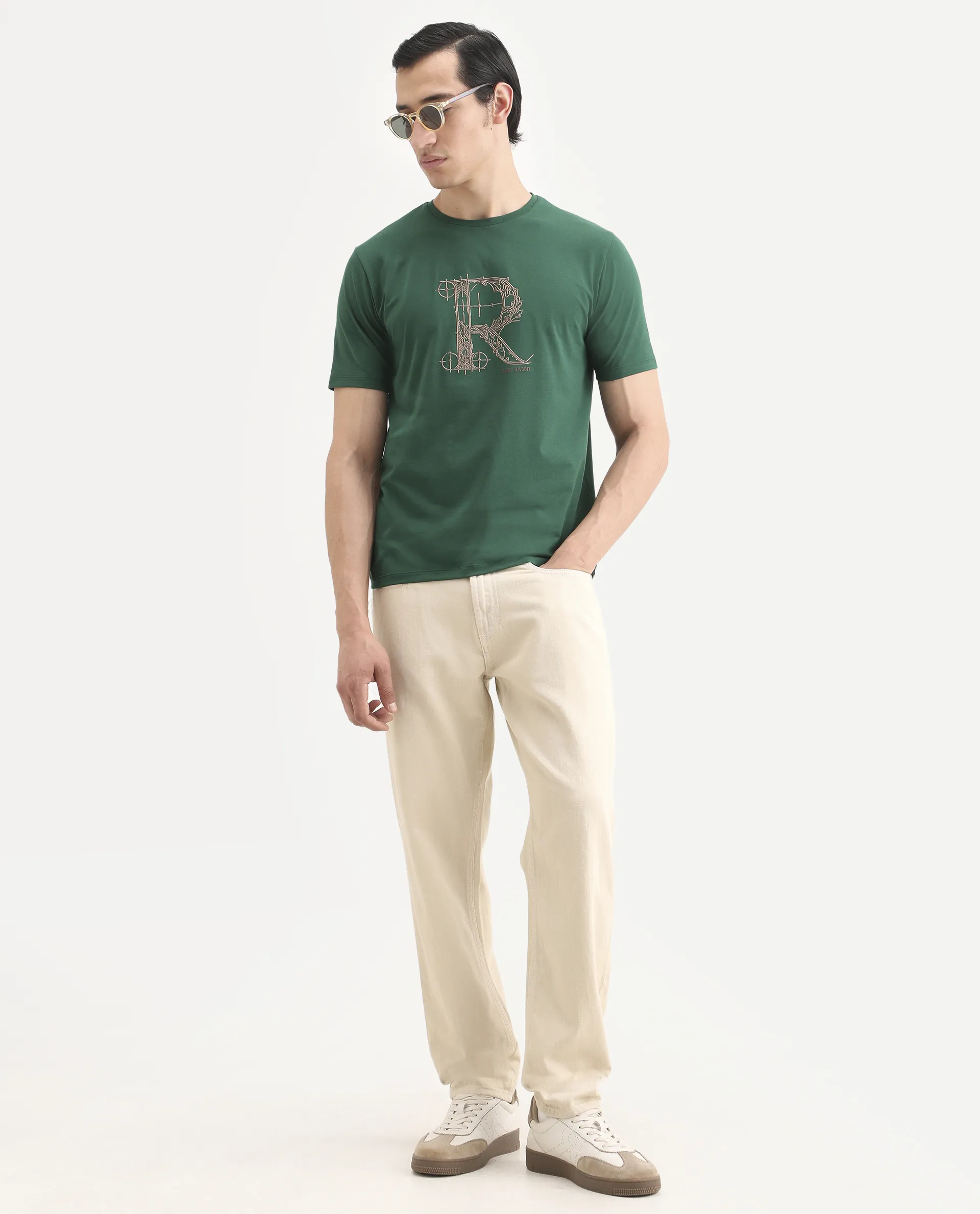 Rare Rabbit Men's Trel Dark Green Cotton Blend Fabric Half Sleeve Crew Neck Regular Fit Graphic Print T-Shirt - Image 2