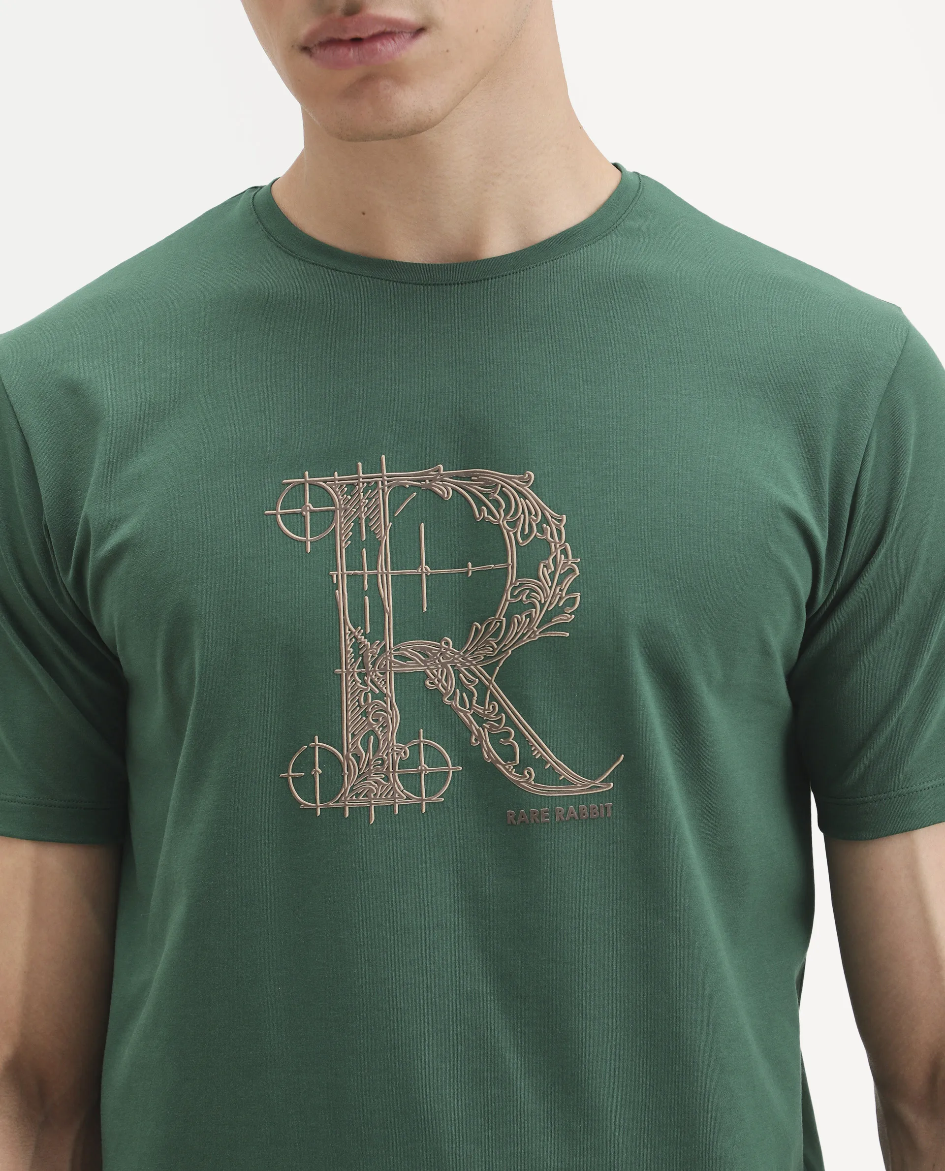 Rare Rabbit Men's Trel Dark Green Cotton Blend Fabric Half Sleeve Crew Neck Regular Fit Graphic Print T-Shirt - Image 3