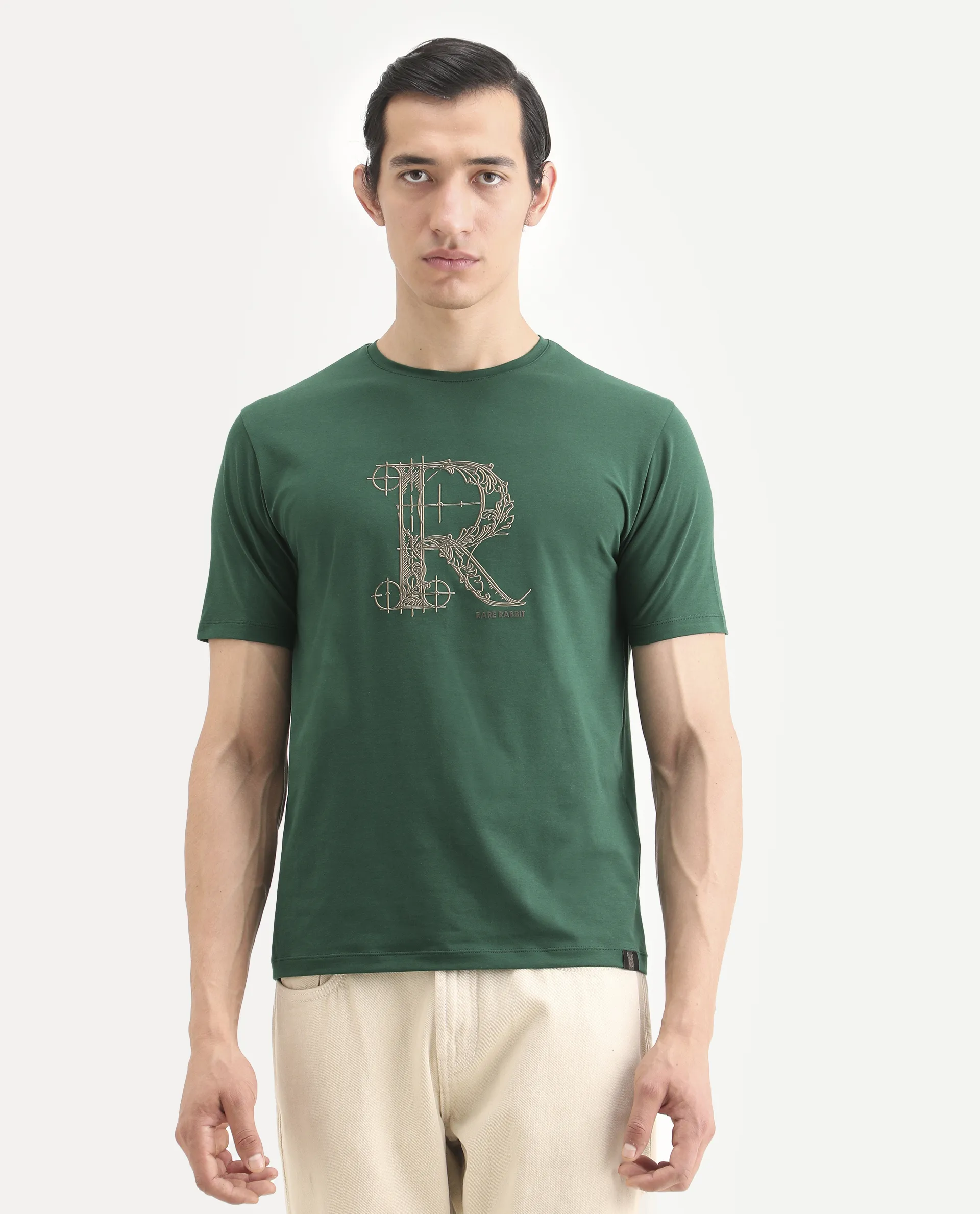 Rare Rabbit Men's Trel Dark Green Cotton Blend Fabric Half Sleeve Crew Neck Regular Fit Graphic Print T-Shirt - Image 4