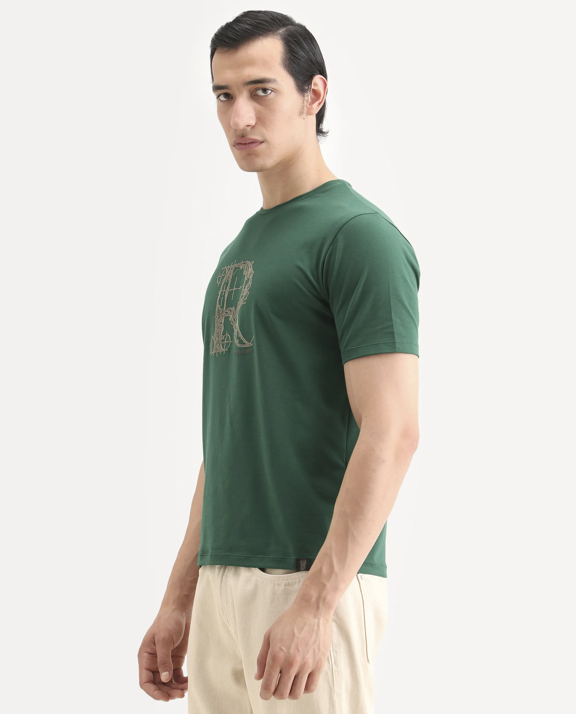 Rare Rabbit Men's Trel Dark Green Cotton Blend Fabric Half Sleeve Crew Neck Regular Fit Graphic Print T-Shirt - Image 5
