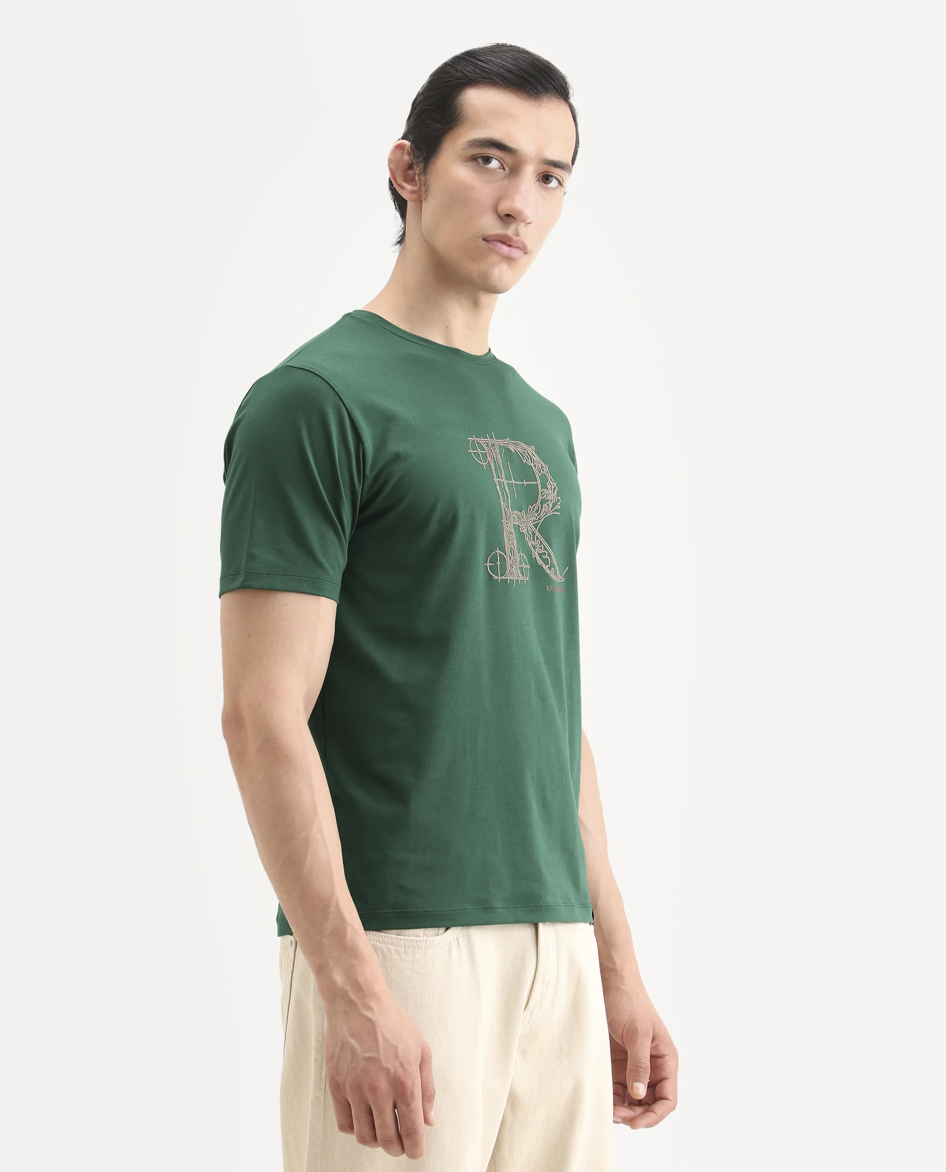 Rare Rabbit Men's Trel Dark Green Cotton Blend Fabric Half Sleeve Crew Neck Regular Fit Graphic Print T-Shirt - Image 6