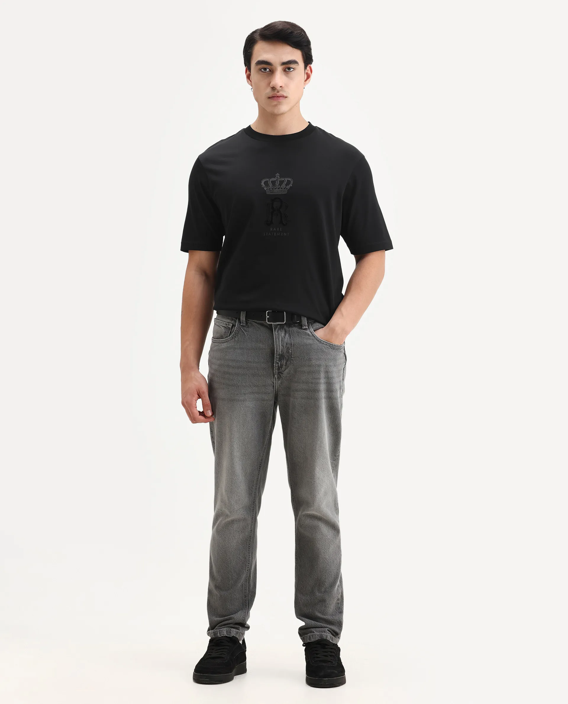 Rare Rabbit Men's Trell Black Cotton Graphic Print Barcelone Fit Half Sleeve Crew Neck T-Shirt - Image 2