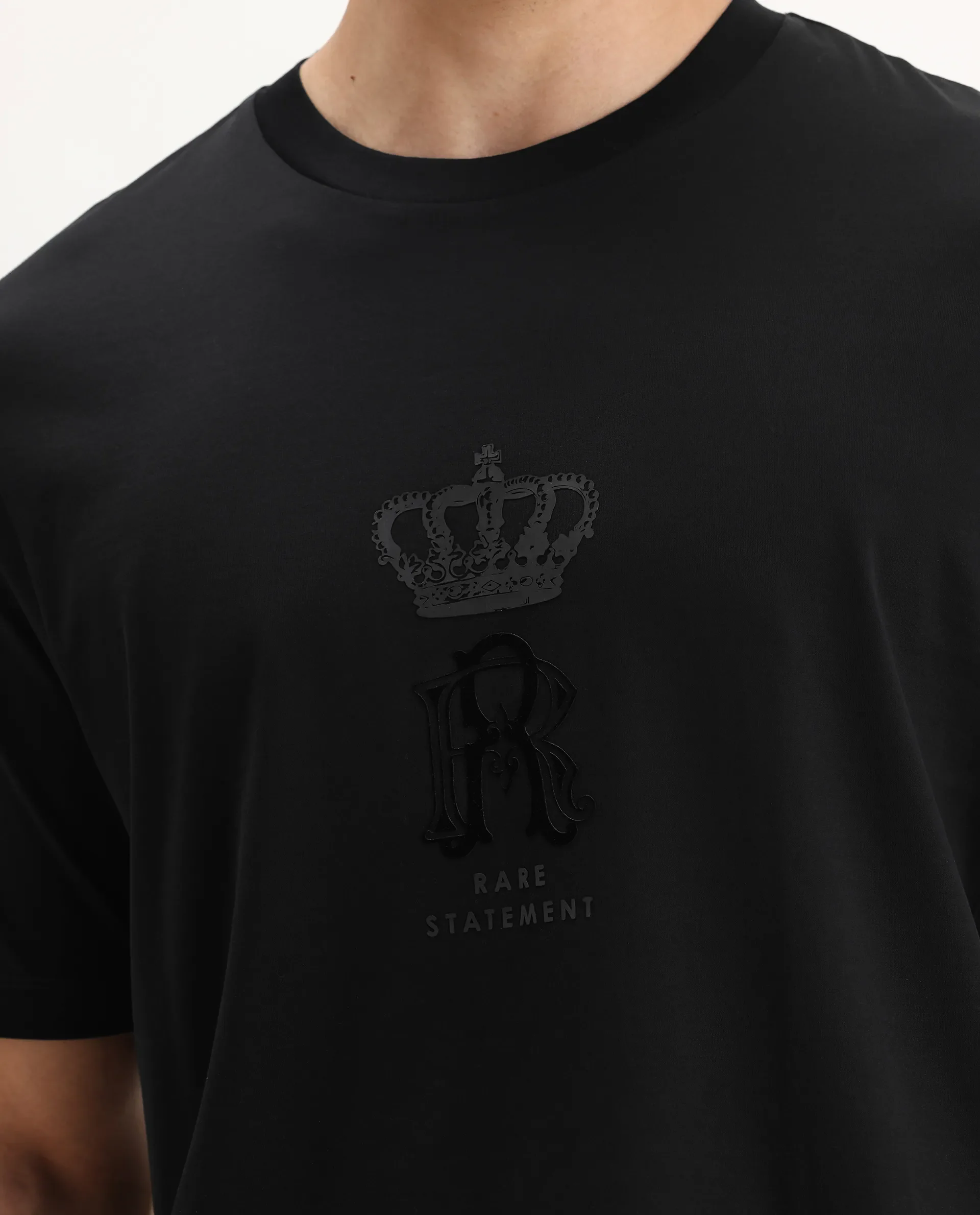 Rare Rabbit Men's Trell Black Cotton Graphic Print Barcelone Fit Half Sleeve Crew Neck T-Shirt - Image 3