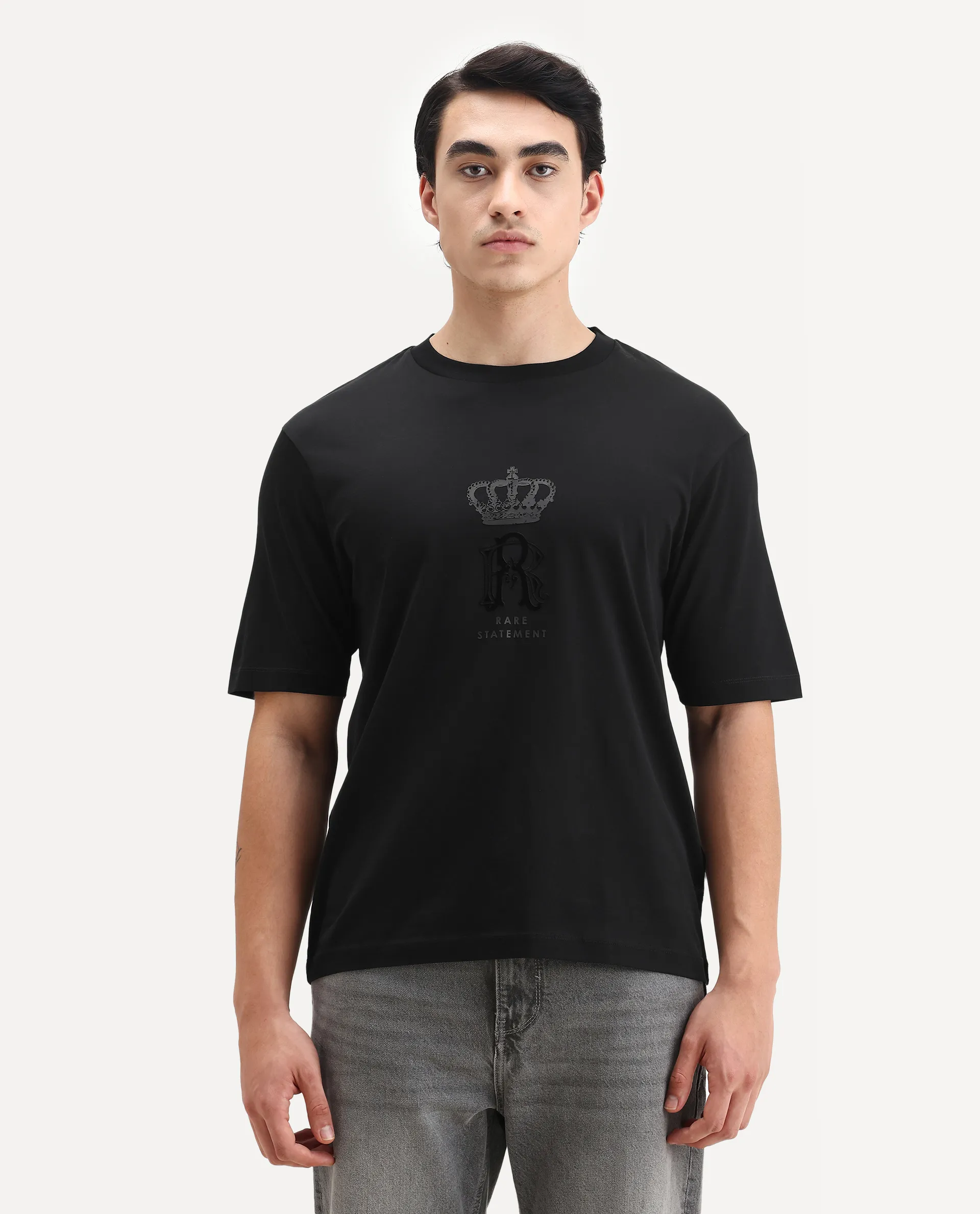 Rare Rabbit Men's Trell Black Cotton Graphic Print Barcelone Fit Half Sleeve Crew Neck T-Shirt - Image 4