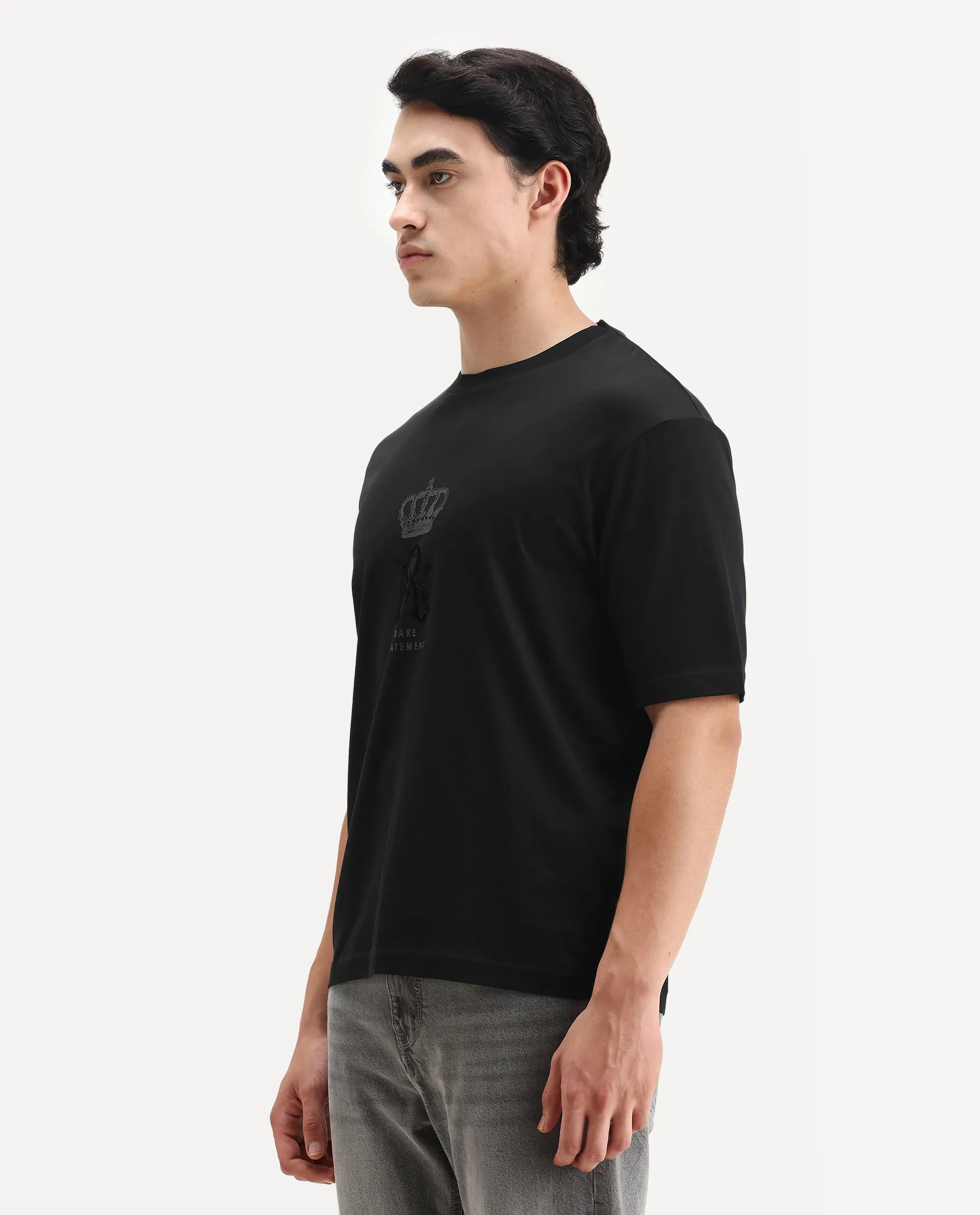 Rare Rabbit Men's Trell Black Cotton Graphic Print Barcelone Fit Half Sleeve Crew Neck T-Shirt - Image 5