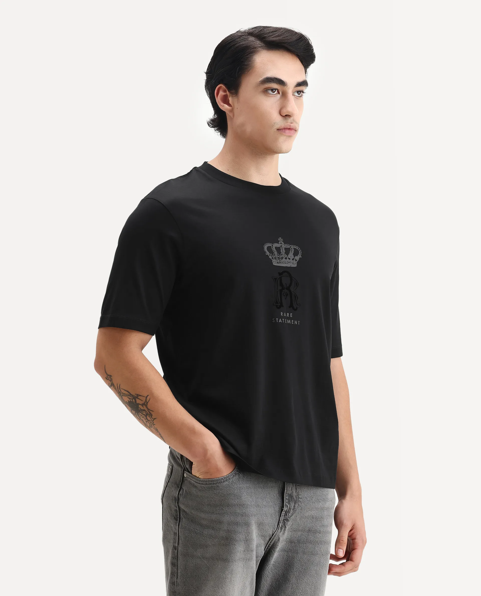 Rare Rabbit Men's Trell Black Cotton Graphic Print Barcelone Fit Half Sleeve Crew Neck T-Shirt - Image 6