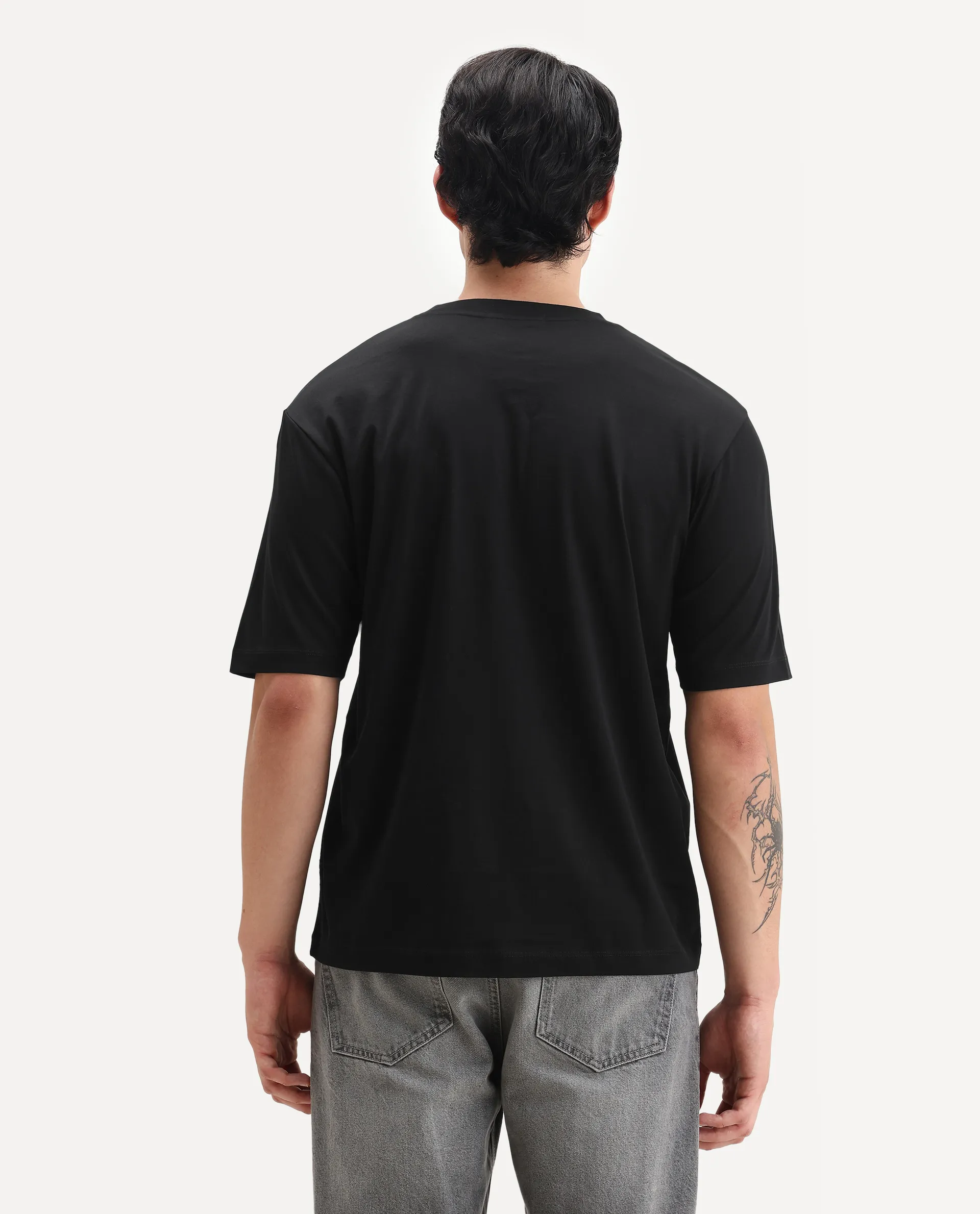 Rare Rabbit Men's Trell Black Cotton Graphic Print Barcelone Fit Half Sleeve Crew Neck T-Shirt - Image 7
