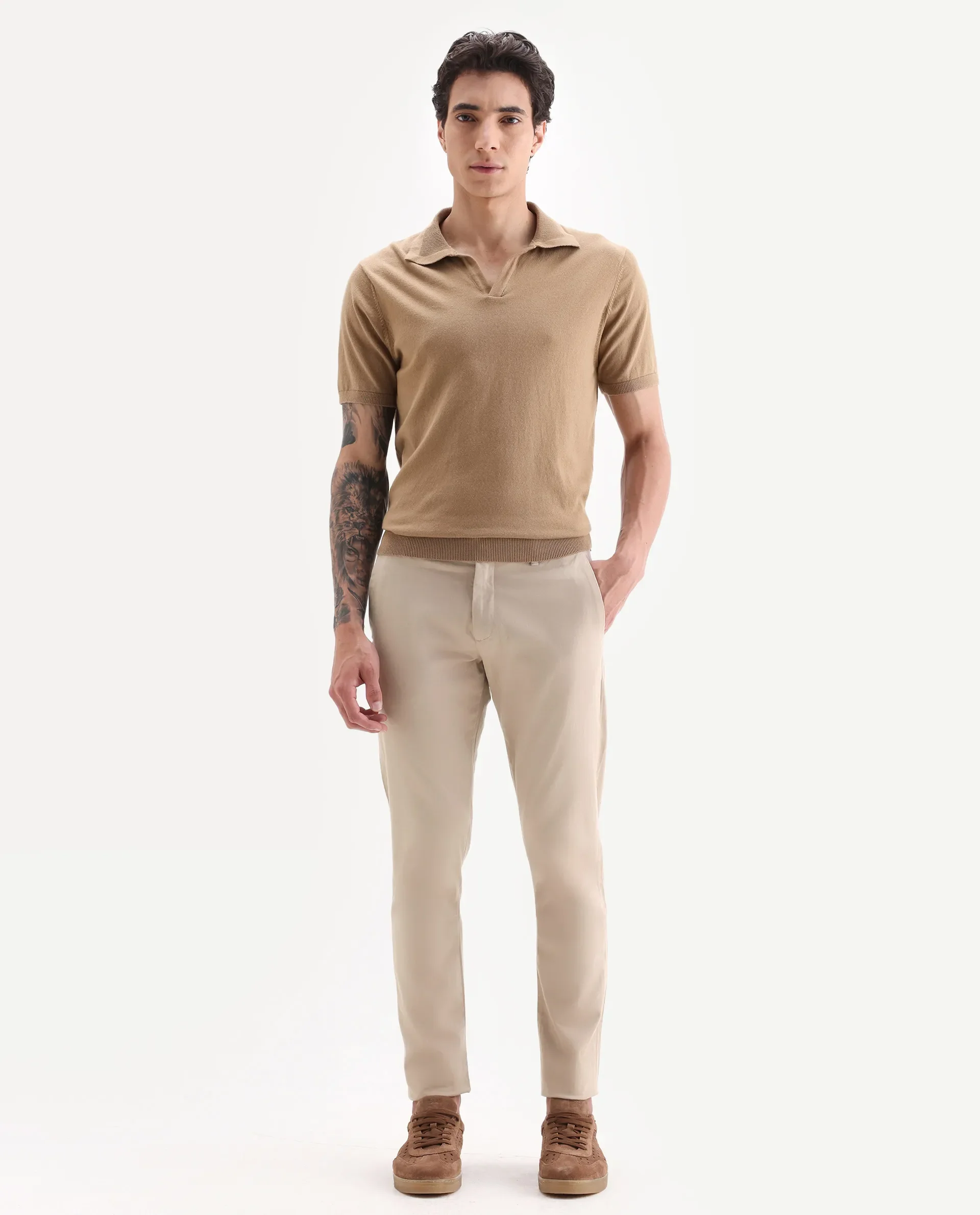 Rare Rabbit Men's Trellis Beige Cotton Plain Regular Fit Trouser - Image 7