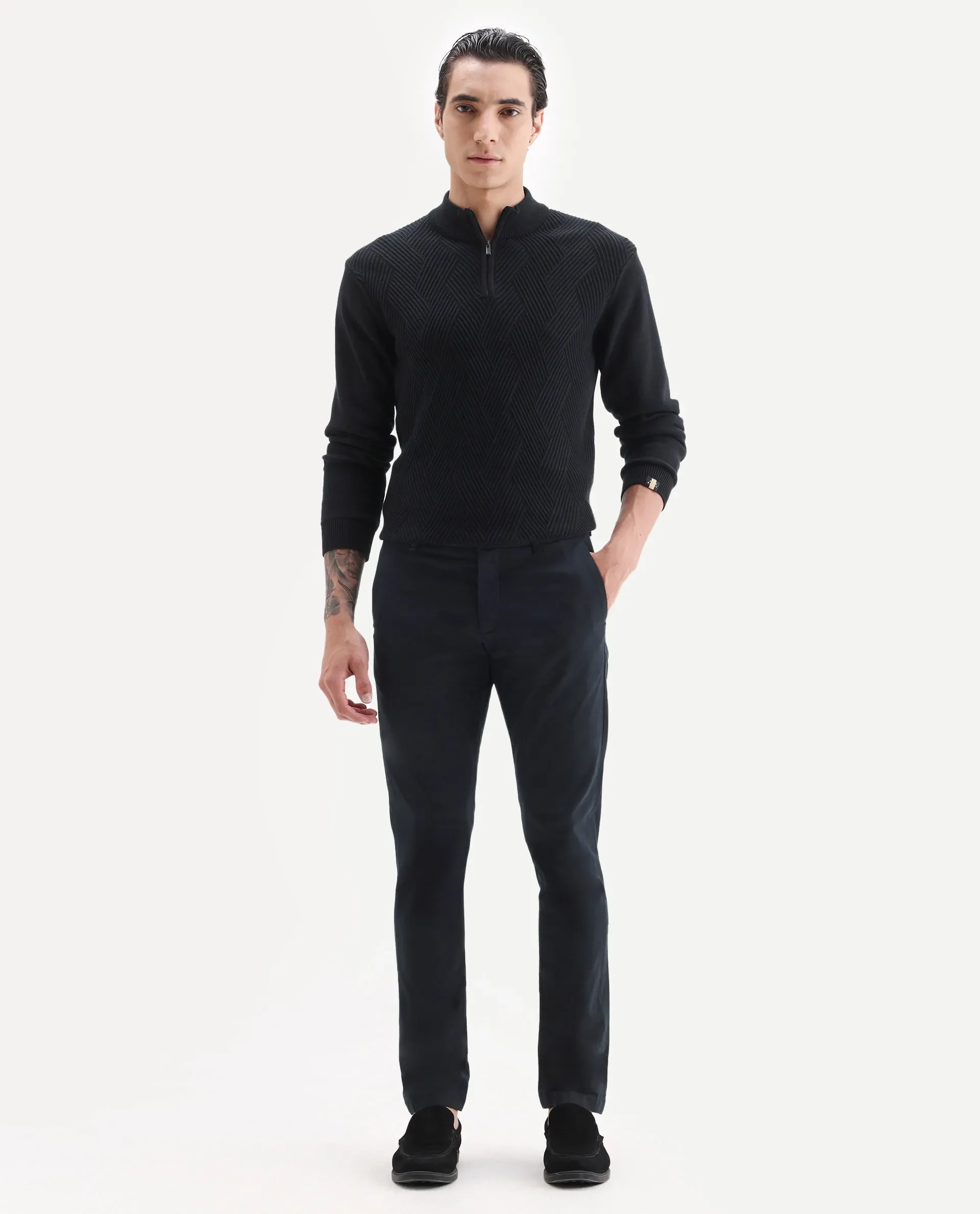 Rare Rabbit Men's Trellis Black Cotton Plain Regular Fit Trouser - Image 4