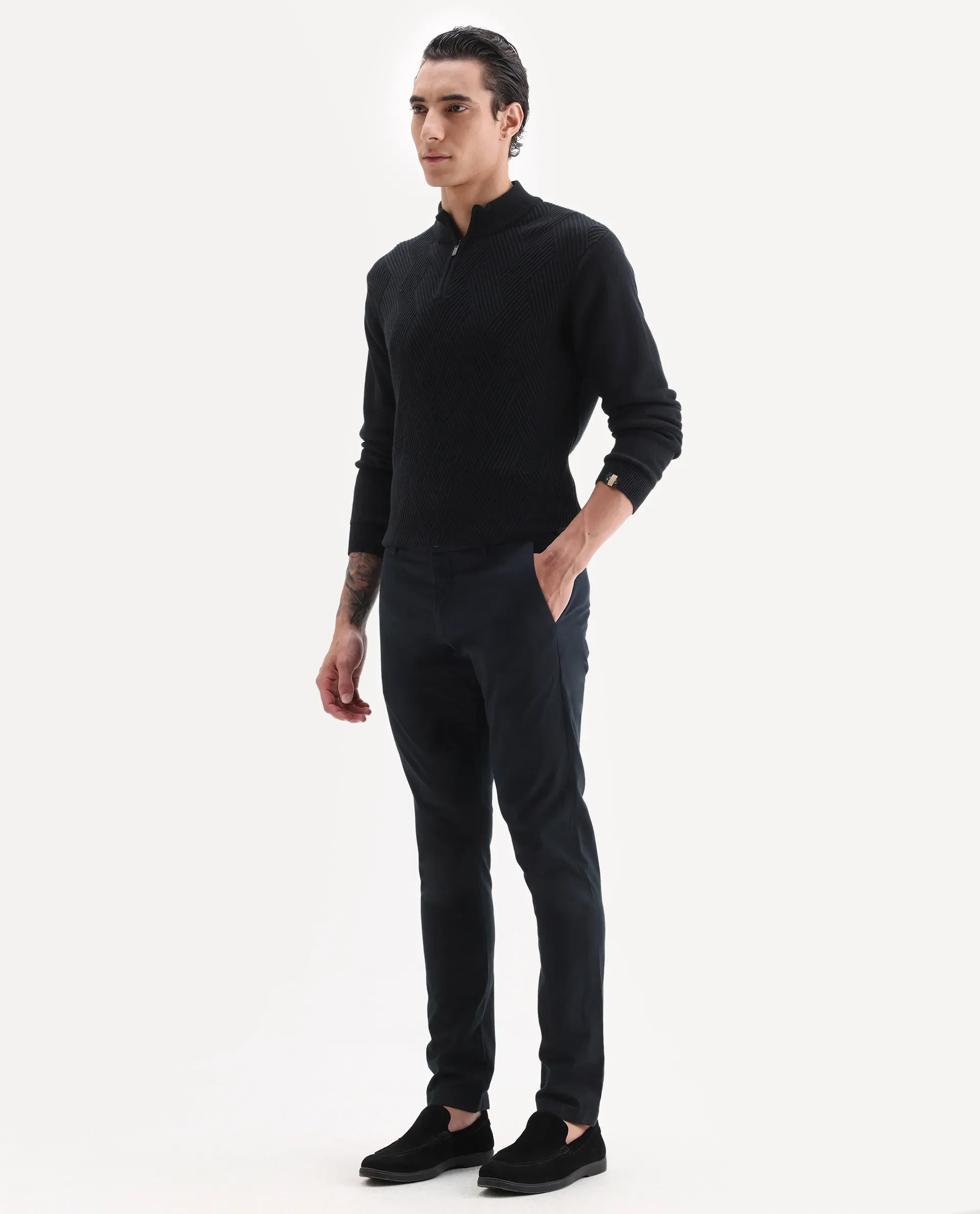 Rare Rabbit Men's Trellis Black Cotton Plain Regular Fit Trouser - Image 5