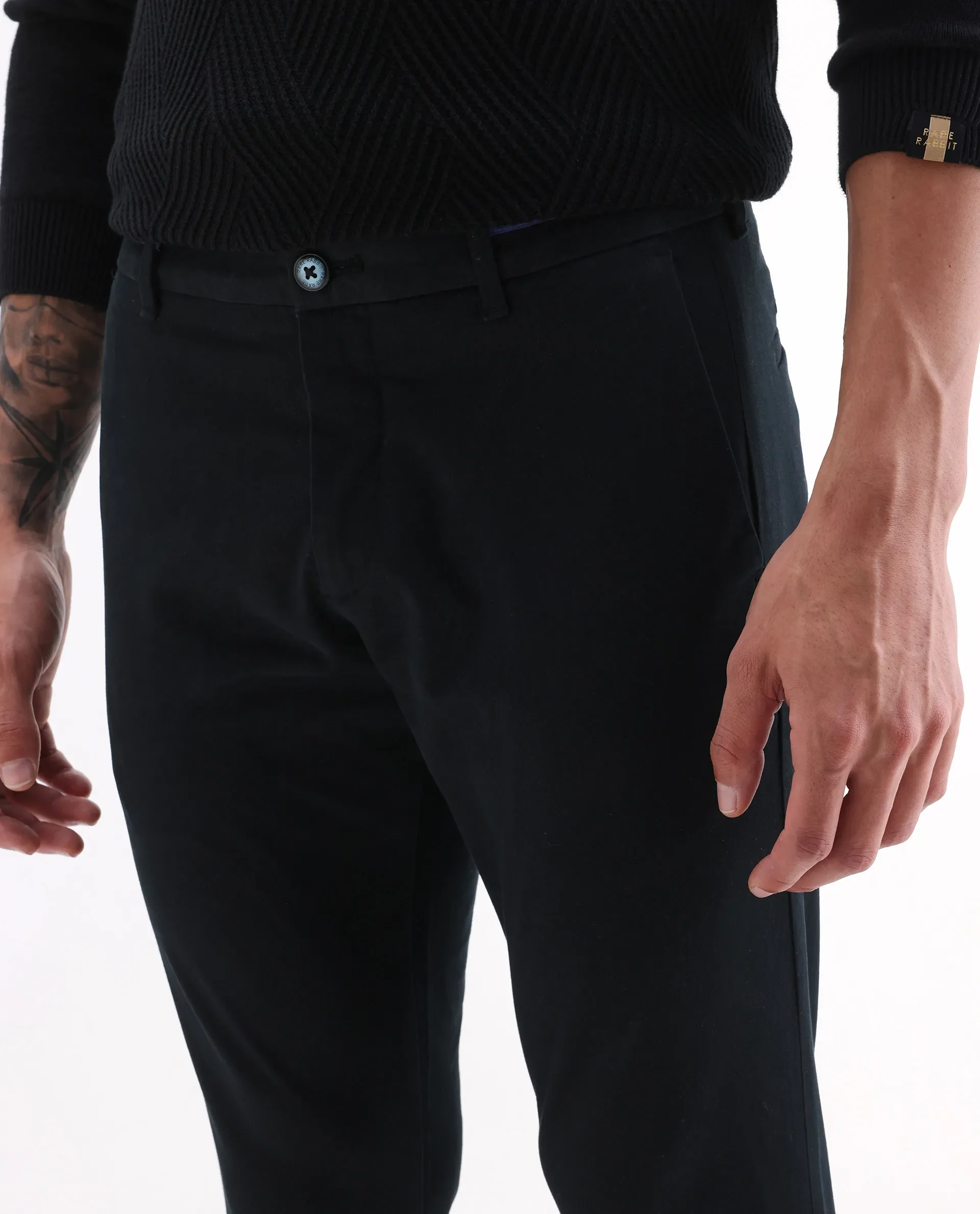 Rare Rabbit Men's Trellis Black Cotton Plain Regular Fit Trouser - Image 7